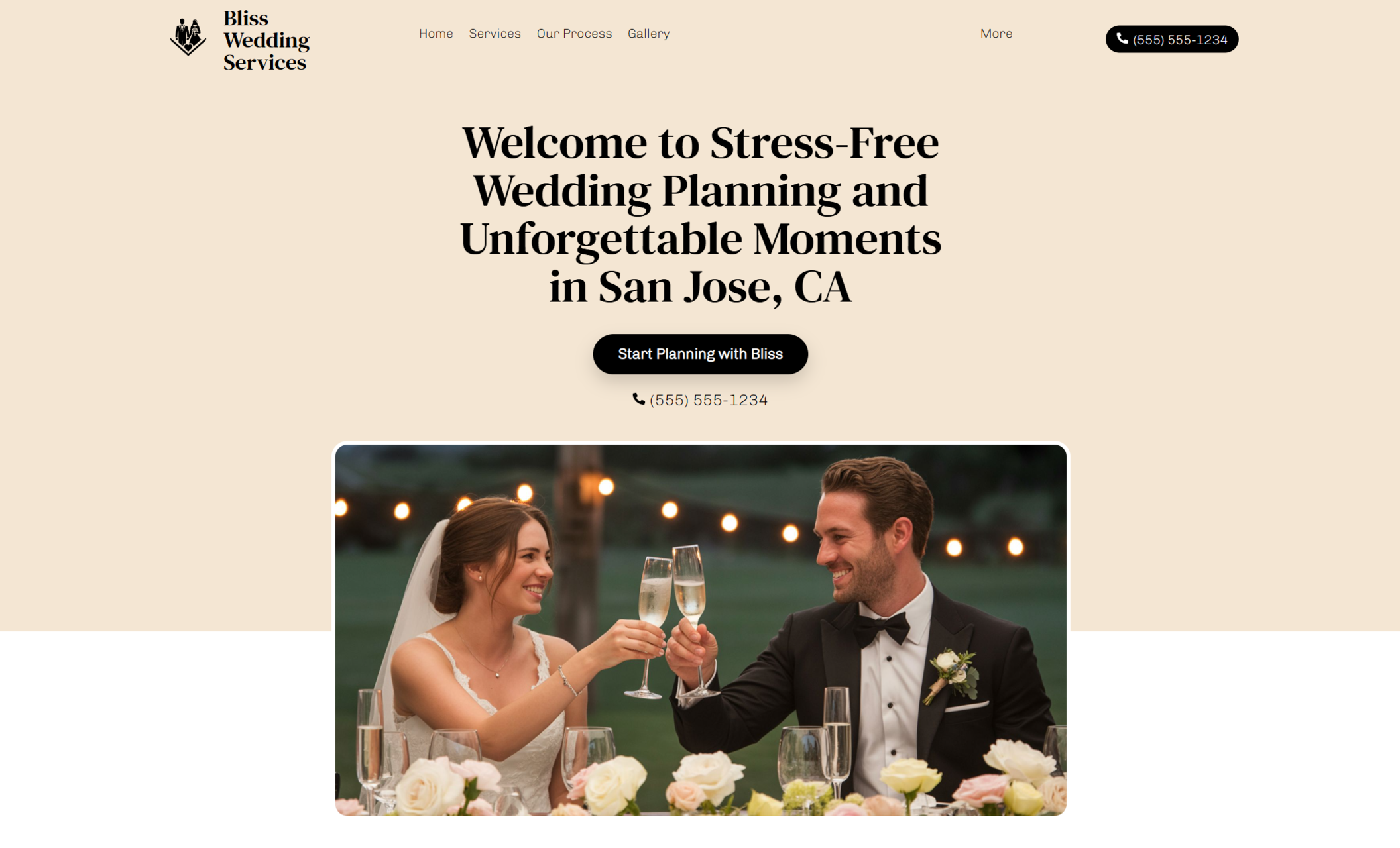 Bliss Wedding Services homepage showing a bride and groom raising champagne glasses at an outdoor reception beneath the headline “Welcome to Stress-Free Wedding Planning and Unforgettable Moments in San Jose, CA.”