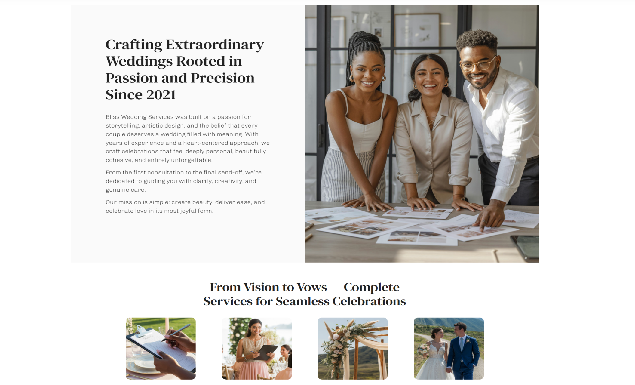 Bliss Wedding Services team section featuring two smiling women and one man leaning over a table of wedding design materials beside the headline “Crafting Extraordinary Weddings Rooted in Passion and Precision Since 2021.”