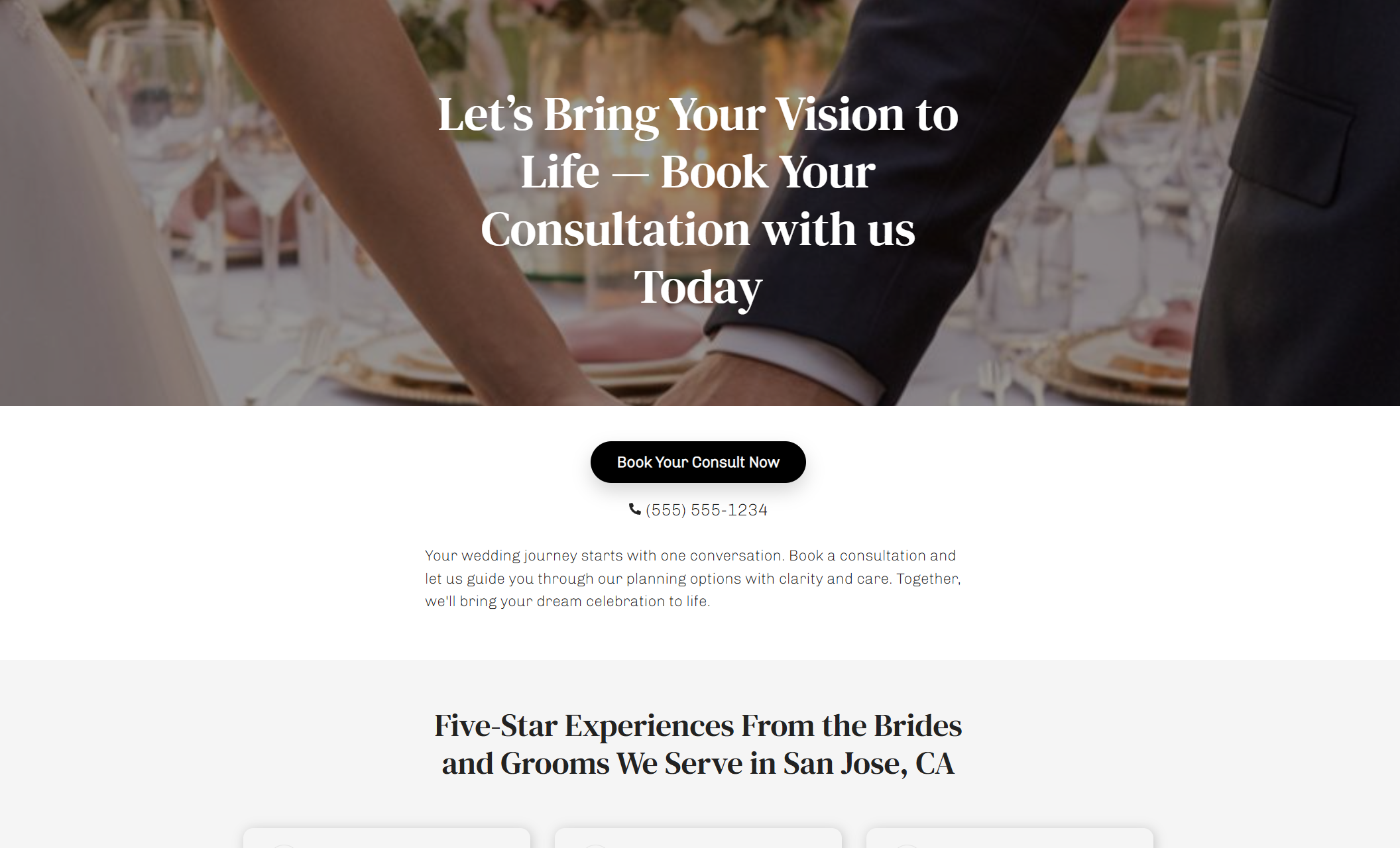 Bliss Wedding Services consultation section showing a close-up of a bride and groom standing at a candlelit reception table with the headline “Let’s Bring Your Vision to Life — Book Your Consultation with us Today” and a black call-to-action button underneath