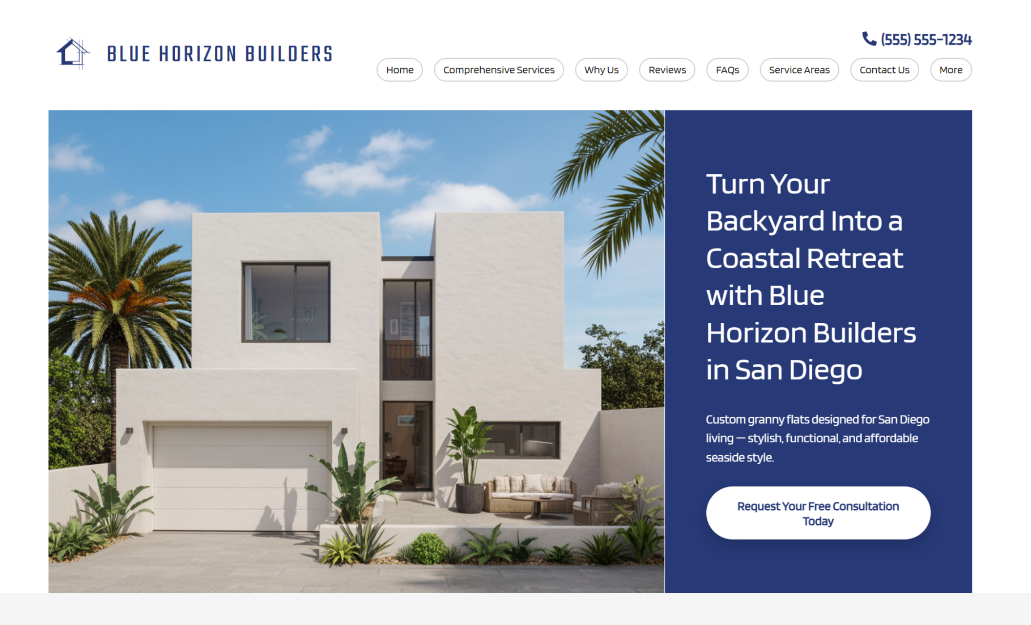 Blue Horizon Builders homepage hero section showing a modern white coastal home with palm trees beside the headline “Turn Your Backyard Into a Coastal Retreat with Blue Horizon Builders in San Diego” and a button that says “Request Your Free Consultation Today.”