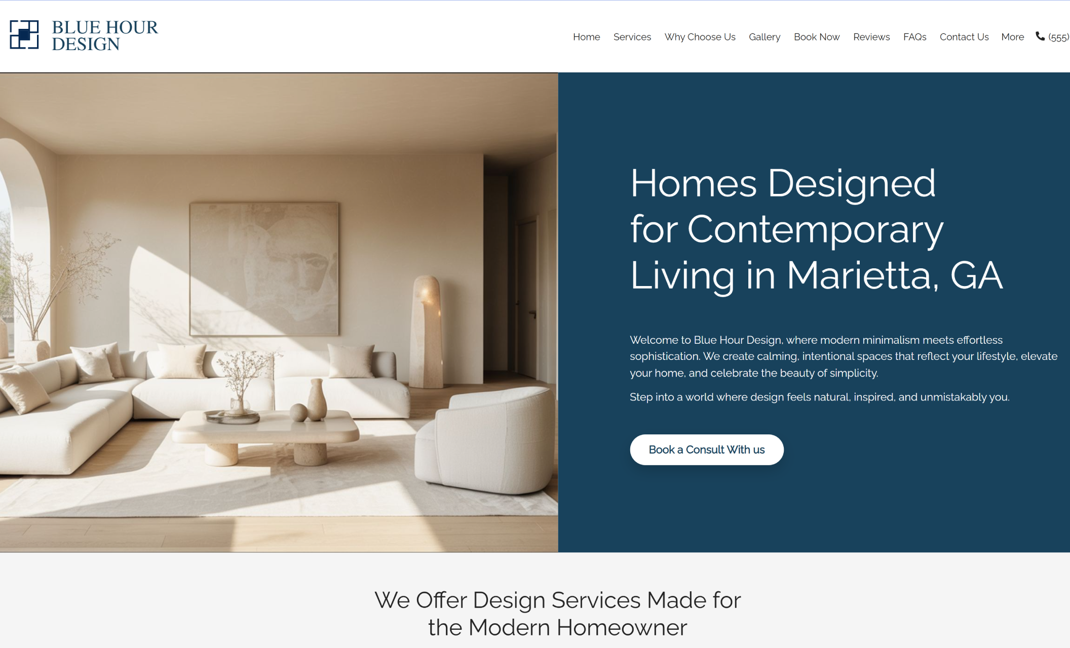 Homepage hero for Blue Hour Design displaying a sunlit neutral living room on the left and a dark blue content panel on the right with the headline “Homes Designed for Contemporary Living in Marietta, GA” and a white “Book a Consult With Us” button