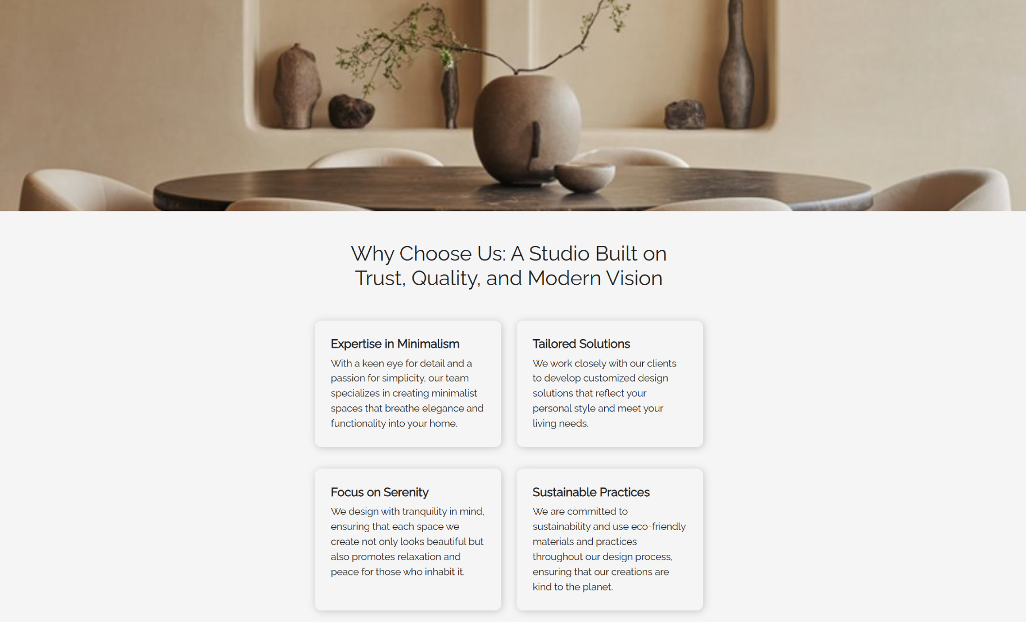 Why-choose-us section for Blue Hour Design featuring a serene, earthy dining vignette behind four white service cards describing expertise in minimalism, tailored solutions, focus on serenity, and sustainable practices
