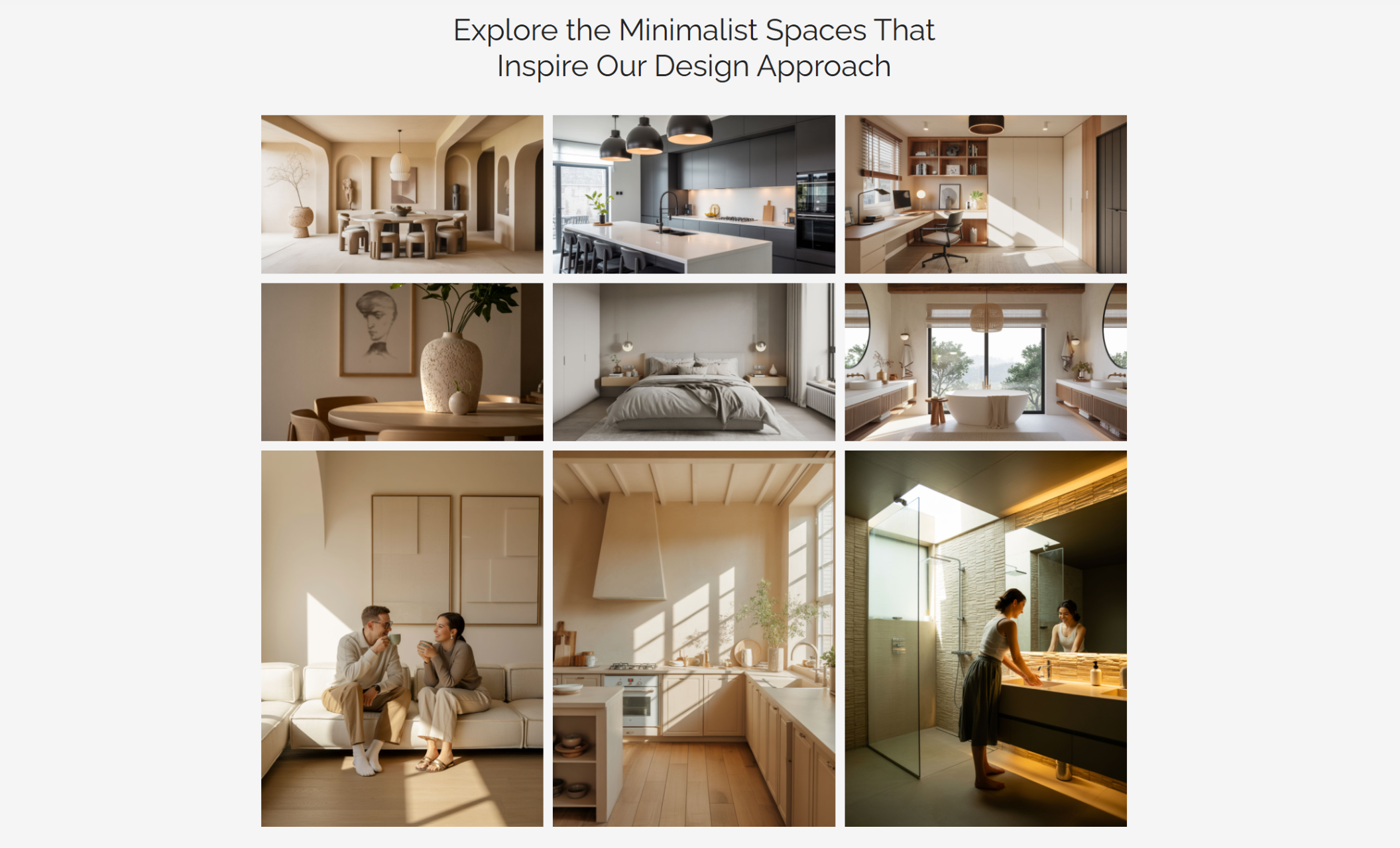 Minimalist inspiration gallery grid for Blue Hour Design showing nine warm, airy interior spaces—including kitchens, bedrooms, living rooms, and bathrooms—beneath the headline “Explore the Minimalist Spaces That Inspire Our Design Approach.”