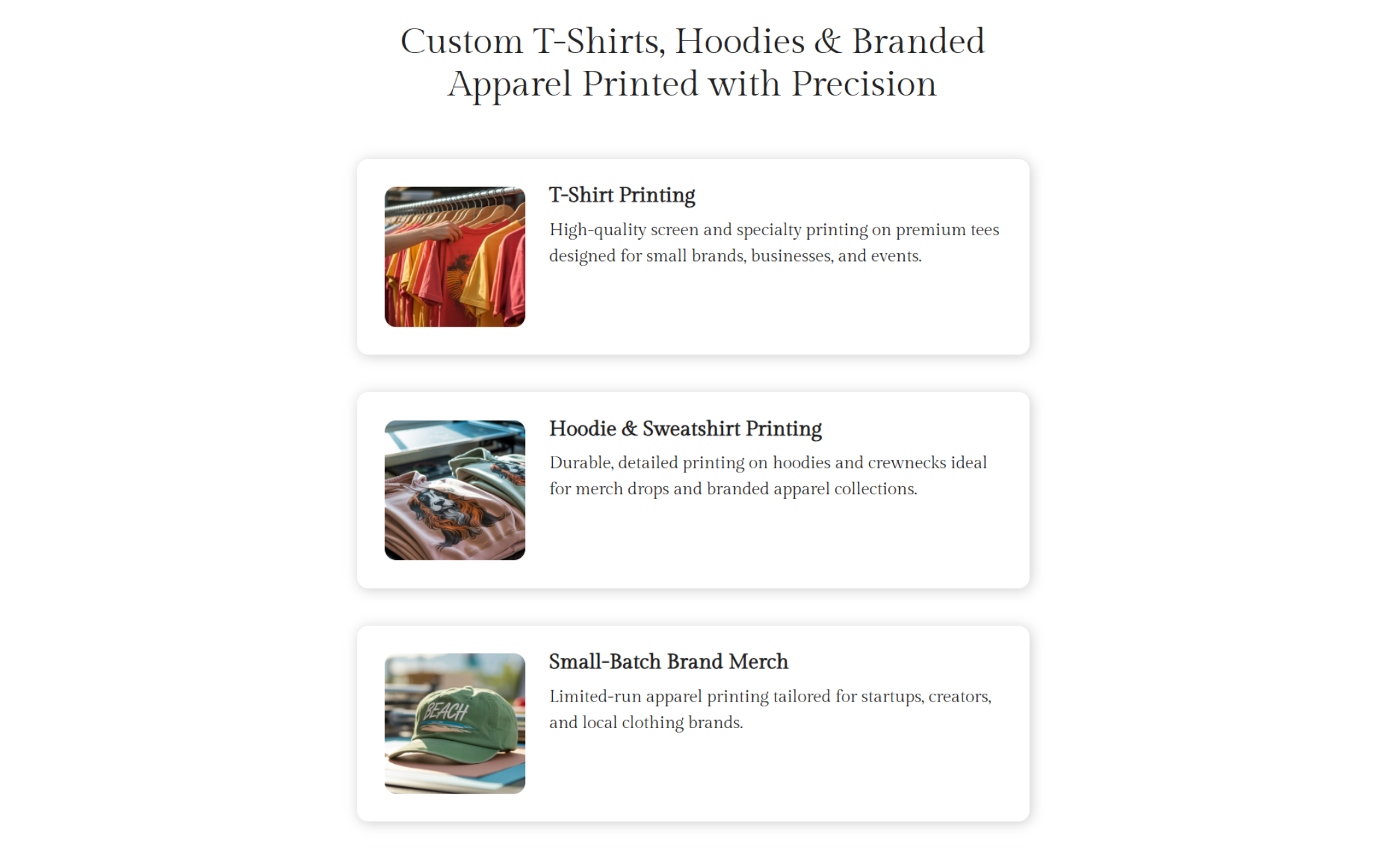 Blue Press Apparel services section titled “Custom T-Shirts, Hoodies & Branded Apparel Printed with Precision,” featuring cards for T-Shirt Printing, Hoodie & Sweatshirt Printing, and Small-Batch Brand Merch with product images