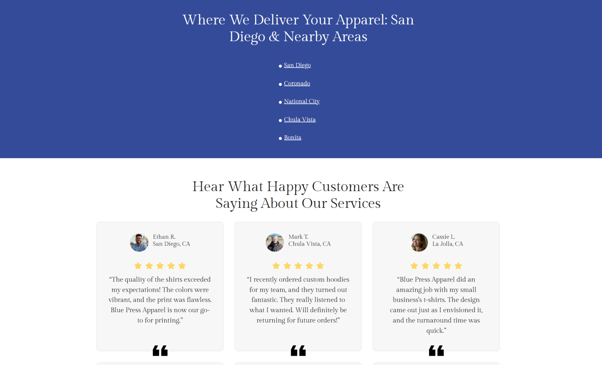 Blue Press Apparel “Where We Deliver” section listing San Diego, Coronado, National City, Chula Vista, and Bonita above customer testimonials with five-star ratings and reviewer names from local California cities.