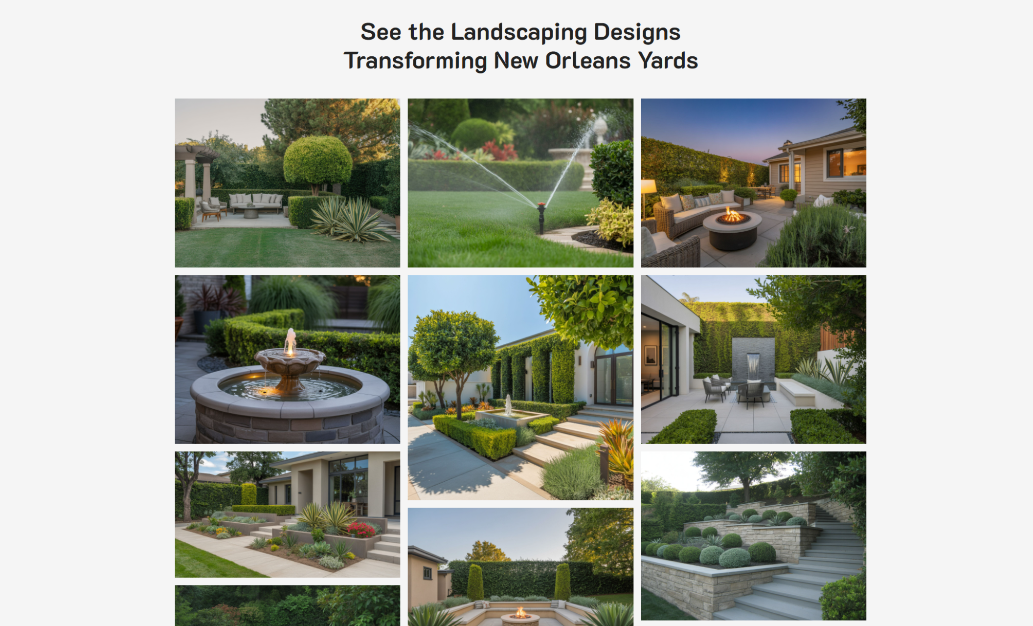 BlueSky Landscaping portfolio grid titled “See the Landscaping Designs Transforming New Orleans Yards,” displaying nine photos of lush outdoor spaces, fountains, patios, fire pits, and trimmed hedges
