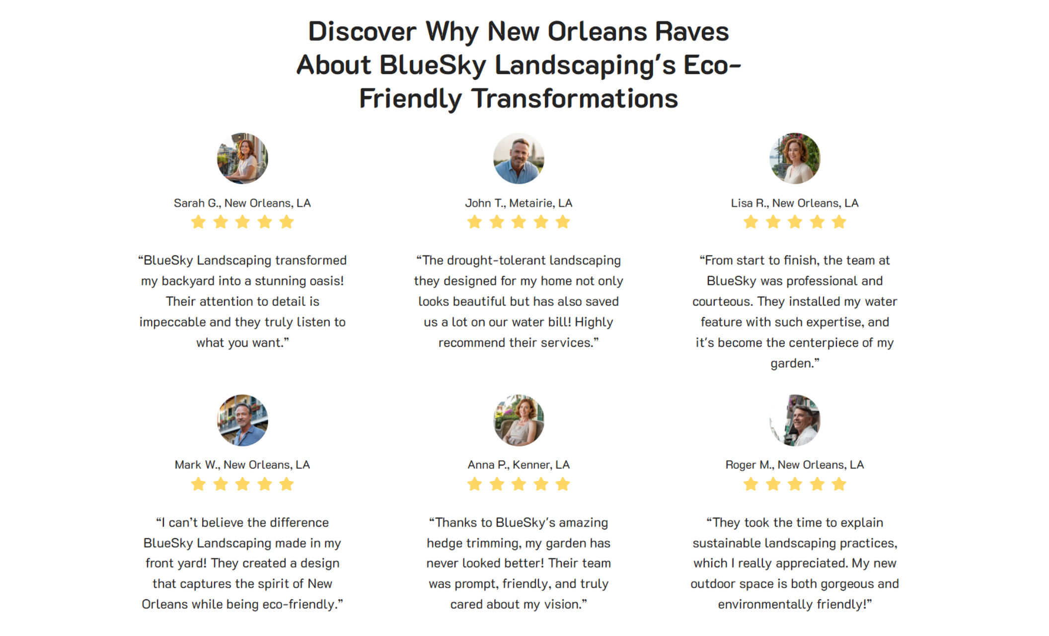 BlueSky Landscaping testimonials section with the headline “Discover Why New Orleans Raves About BlueSky Landscaping’s Eco-Friendly Transformations,” featuring six customer headshots, five-star ratings, and glowing reviews