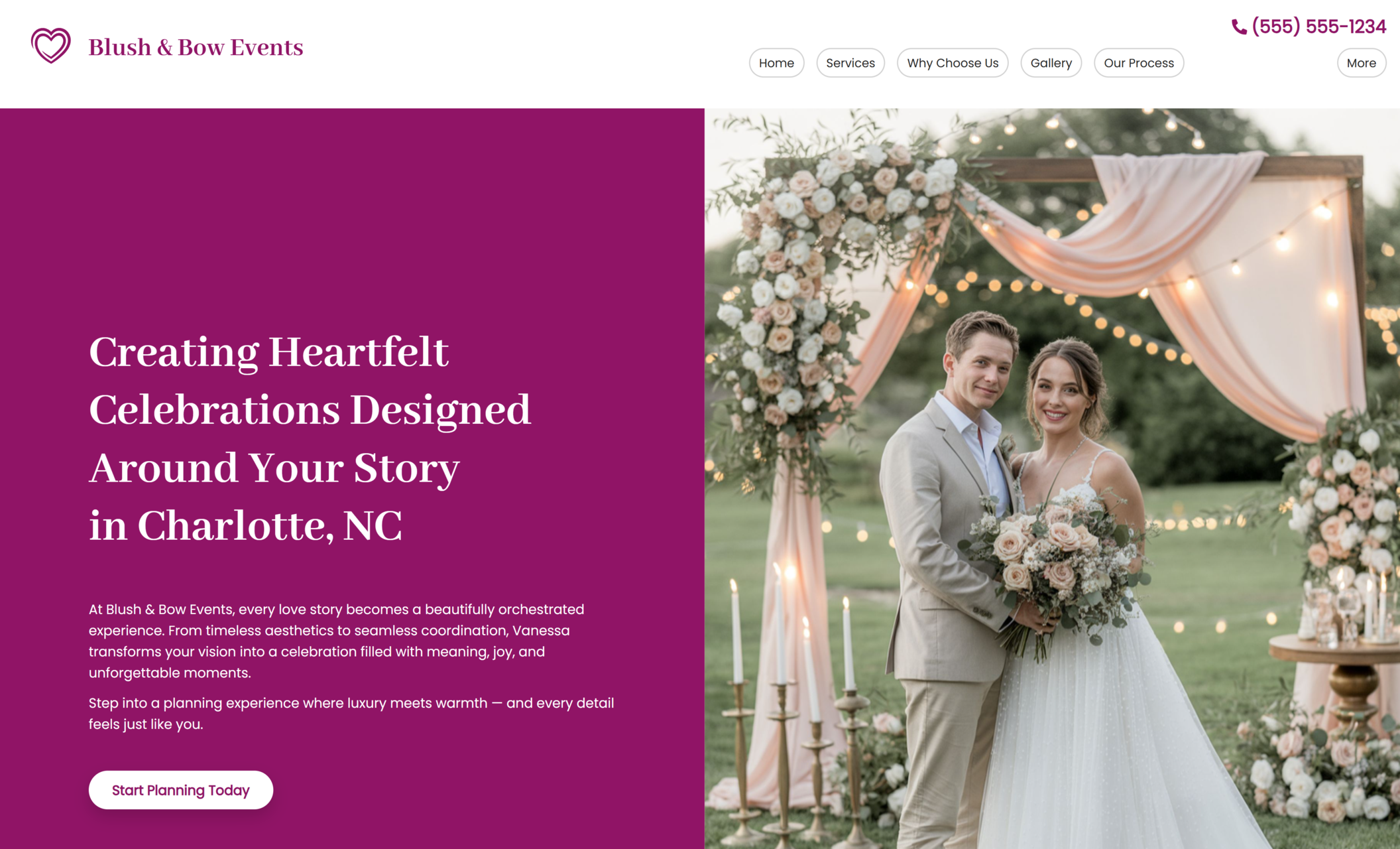 Blush & Bow Events homepage featuring a smiling bride and groom standing beneath a blush-draped floral ceremony arch beside the headline “Creating Heartfelt Celebrations Designed Around Your Story in Charlotte, NC.”