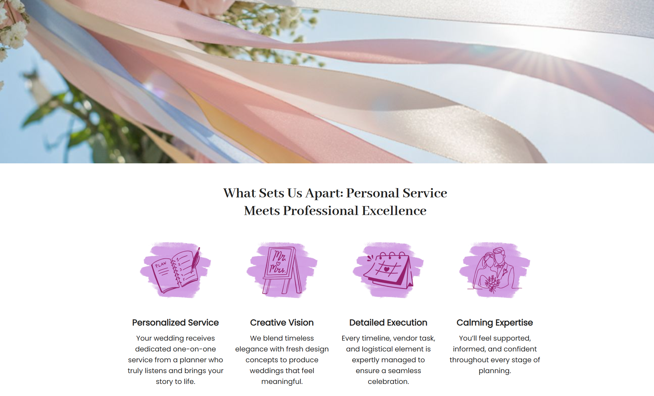 Blush & Bow Events feature section showcasing flowing pastel wedding ribbons against a bright sky above icons and text describing the planner’s personalized service, creative vision, detailed execution, and calming expertise