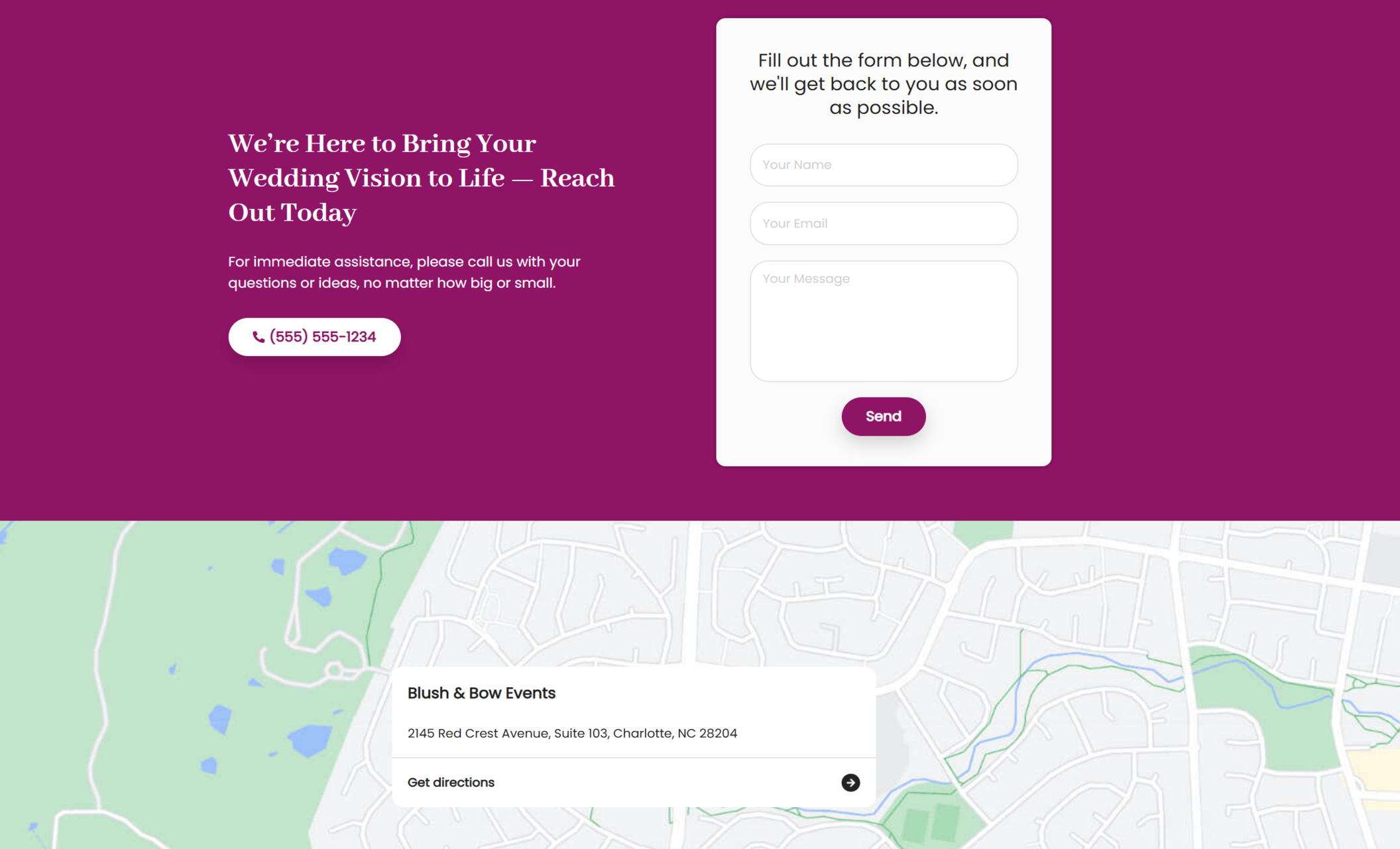 Blush & Bow Events contact section featuring a deep magenta background with the headline “We’re Here to Bring Your Wedding Vision to Life — Reach Out Today,” a white contact form on the right, and a map displaying the Charlotte, NC office location below