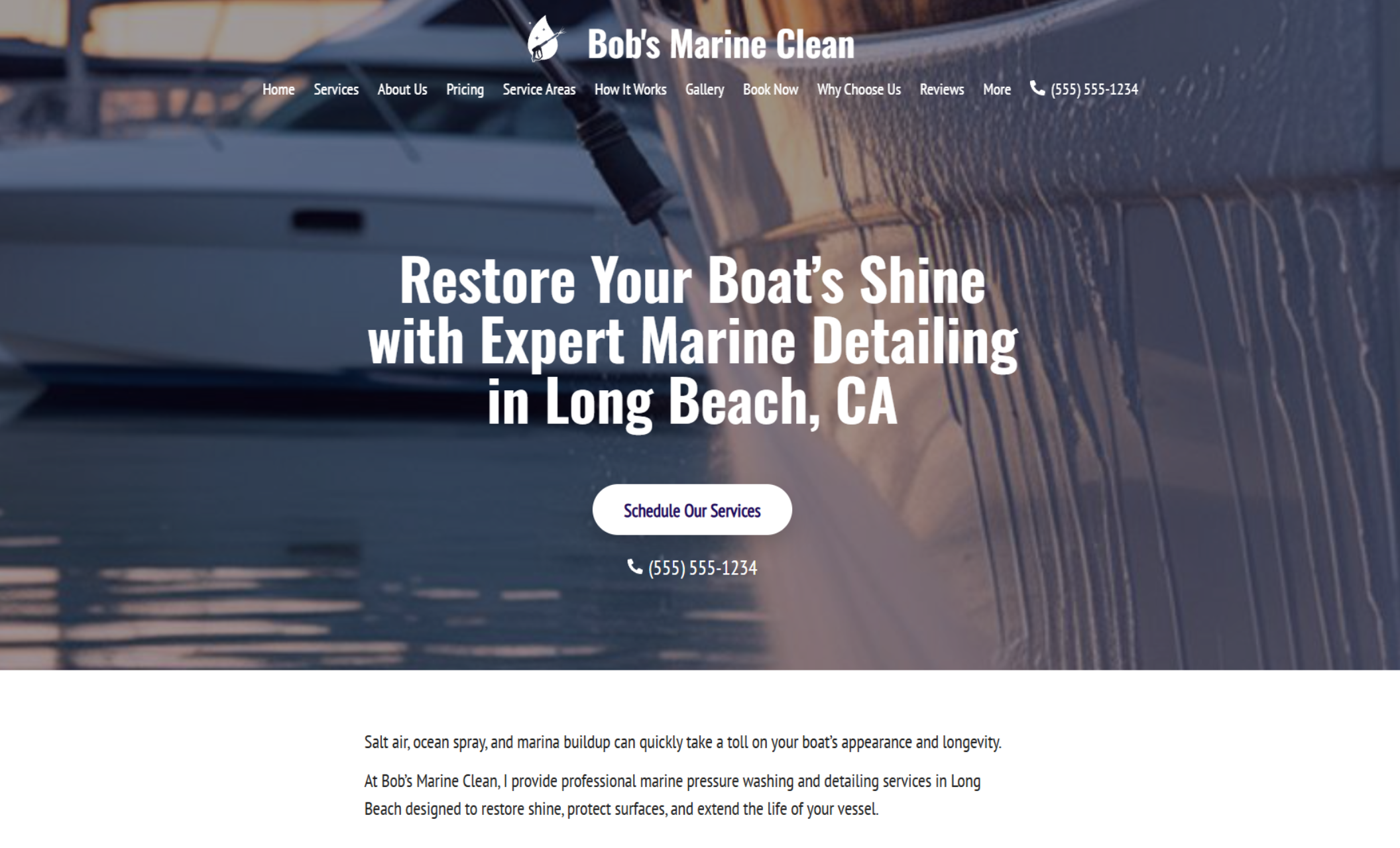 Bob’s Marine Clean homepage displaying a full-width marina background image with a boat being pressure washed, the headline “Restore Your Boat’s Shine with Expert Marine Detailing in Long Beach, CA,” and a centered “Schedule Our Services” button with phone number below