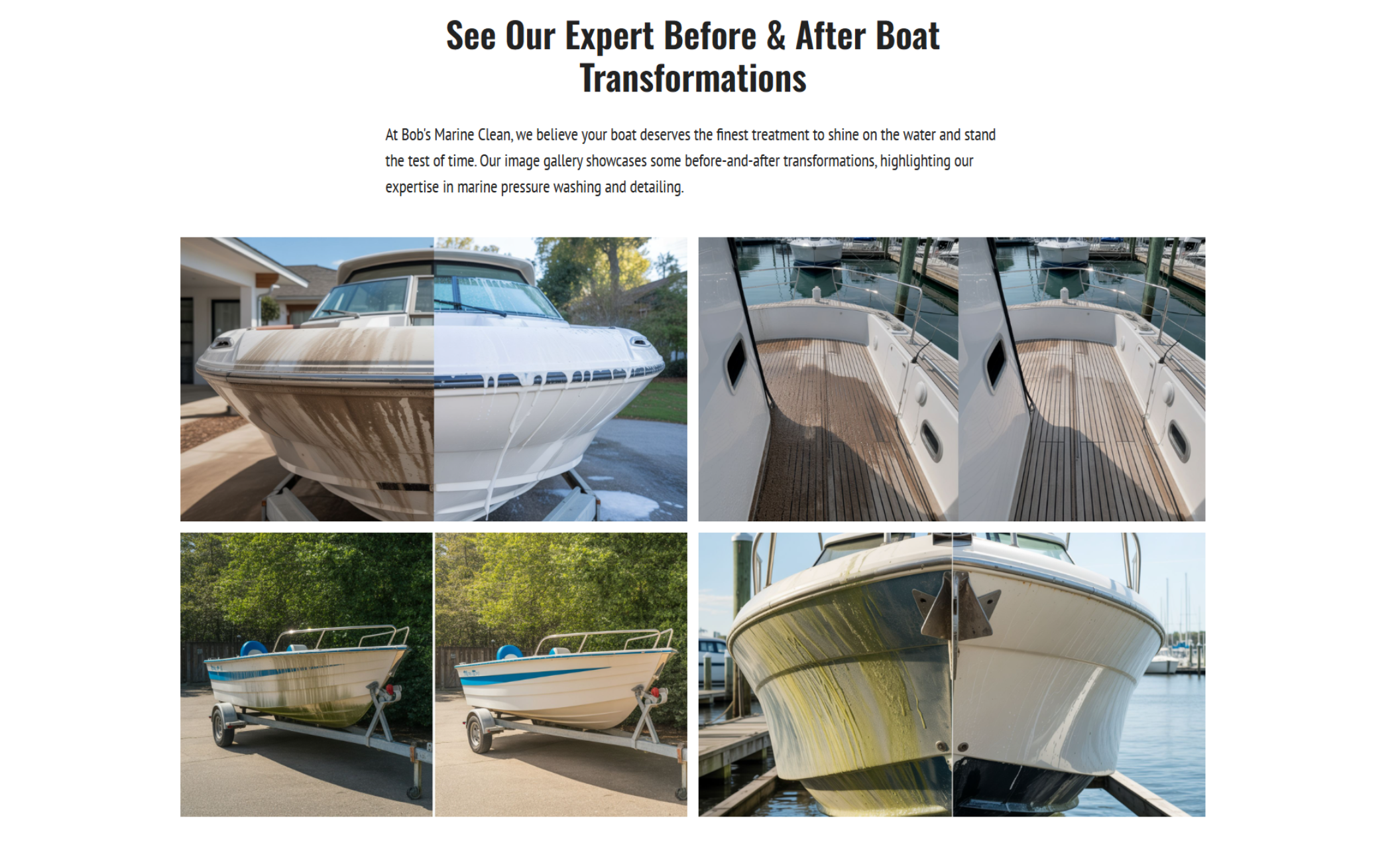 Bob’s Marine Clean gallery section titled “See Our Expert Before & After Boat Transformations” featuring side-by-side comparison images of boats with heavy buildup contrasted against freshly cleaned, polished finishes