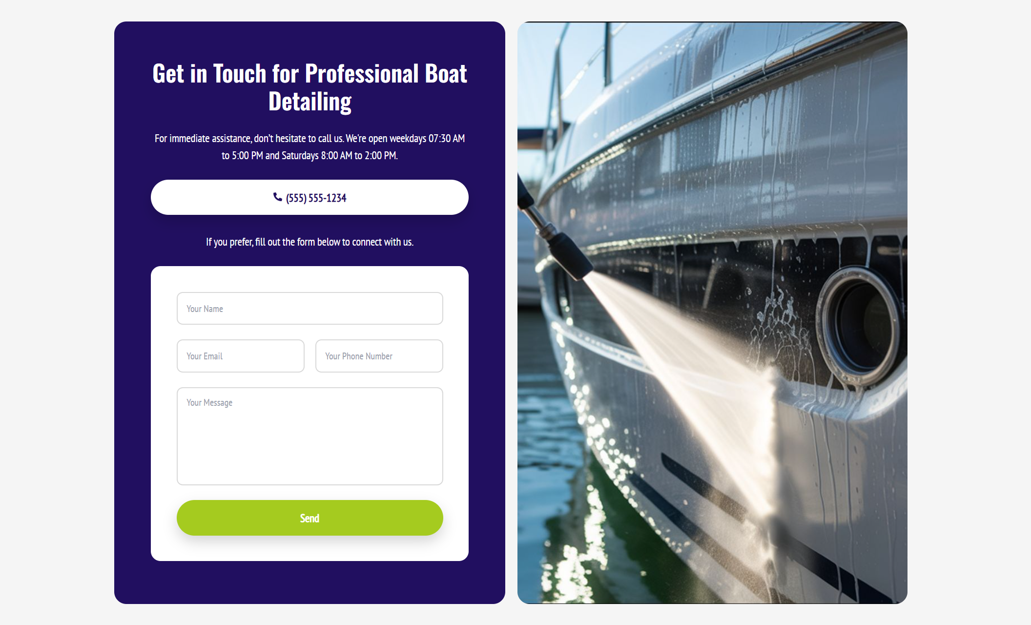 Bob’s Marine Clean contact section showing a bold purple panel with the headline “Get in Touch for Professional Boat Detailing,” a large phone number button, contact form, and a close-up image of a pressure washer cleaning the side of a boat