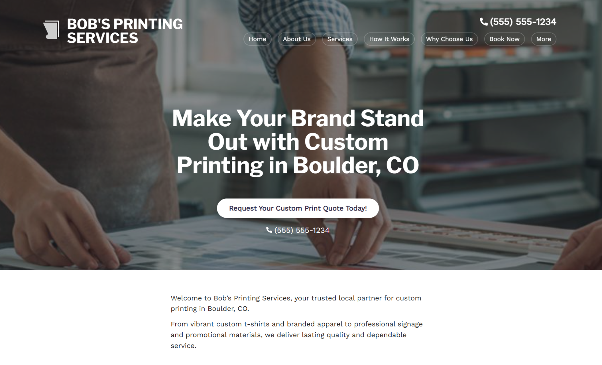 Bob’s Printing Services homepage hero with the headline “Make Your Brand Stand Out with Custom Printing in Boulder, CO,” a “Request Your Custom Print Quote Today!” button, and a background image of hands reviewing print samples