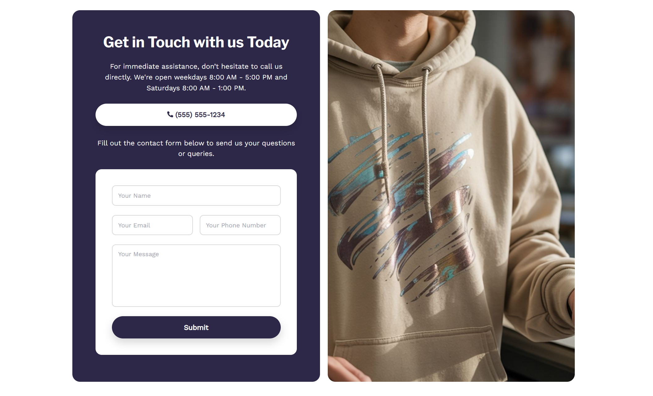 Blue Press Apparel contact section titled “Get in Touch with us Today,” showing business hours, a phone number button, a contact form, and a close-up image of a hoodie with a metallic graphic print