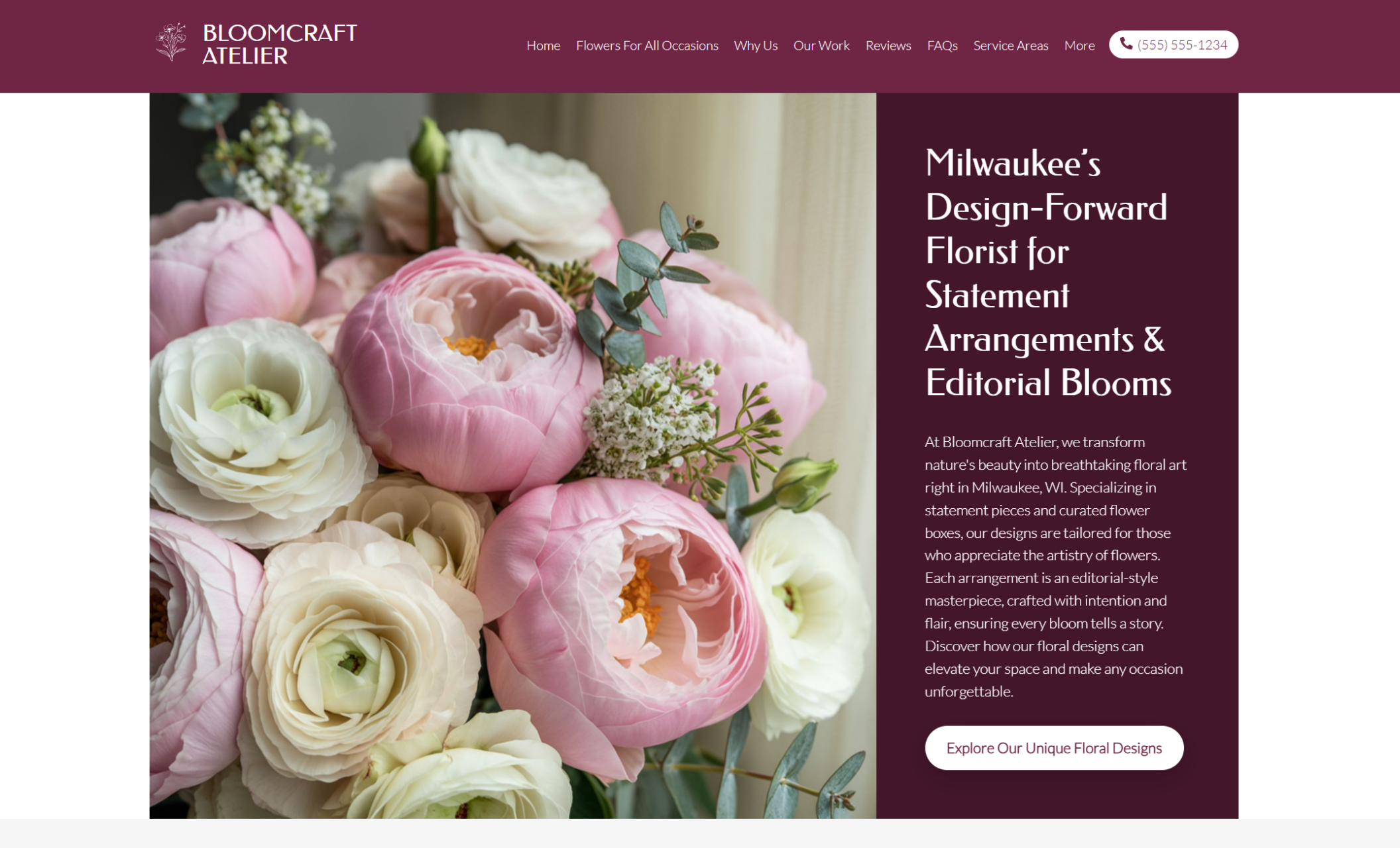 Bloomcraft Atelier homepage hero featuring a close-up of pink and white ranunculus blooms next to the headline ‘Milwaukee’s Design-Forward Florist for Statement Arrangements & Editorial Blooms’ with a white button labeled ‘Explore Our Unique Floral Designs