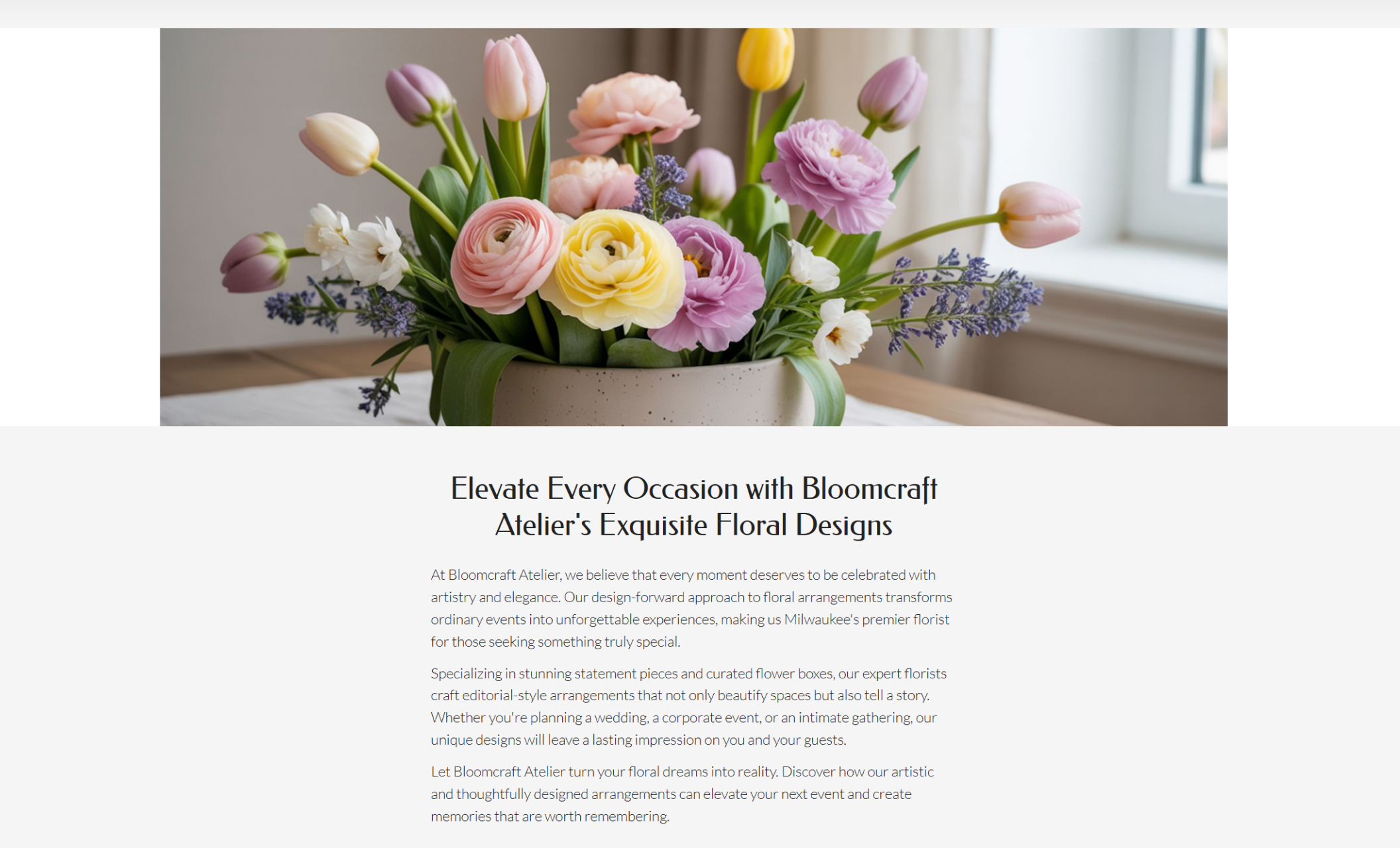 Bloomcraft Atelier feature section showcasing a pastel tulip and ranunculus centerpiece in a modern ceramic vase beside the headline ‘Elevate Every Occasion with Bloomcraft Atelier’s Exquisite Floral Designs’ and accompanying descriptive text