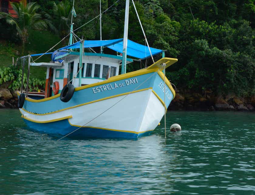Een boot verankerd in een kustgebied.