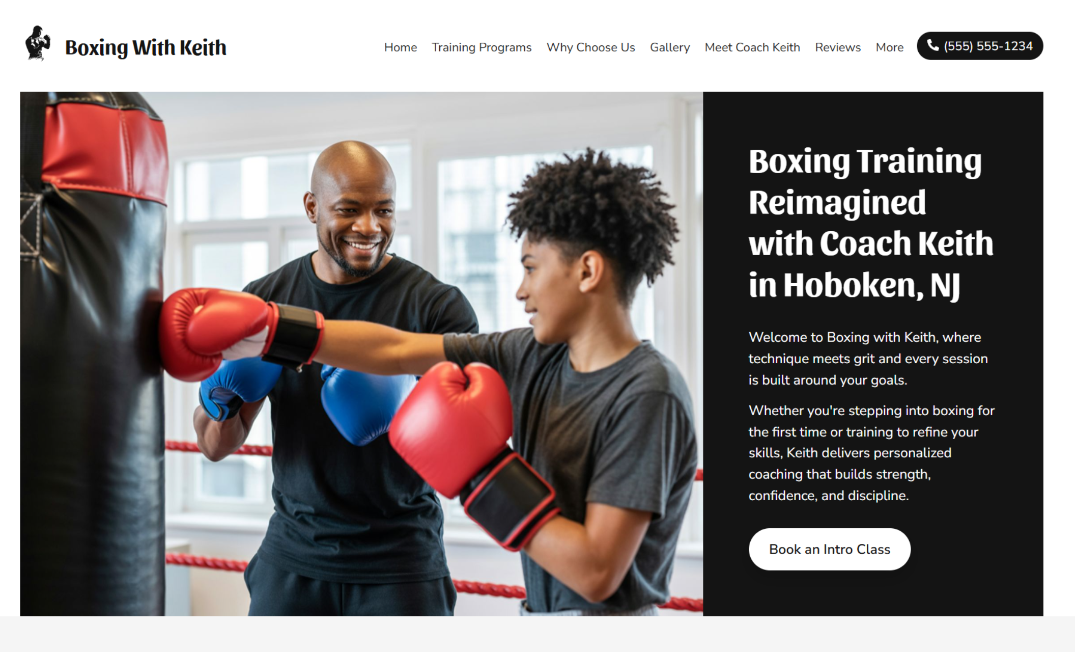 Boxing With Keith homepage hero featuring Coach Keith smiling as he guides a young boxer practicing punches beside the headline ‘Boxing Training Reimagined with Coach Keith in Hoboken, NJ’ and a call-to-action button labeled ‘Book an Intro Class.’