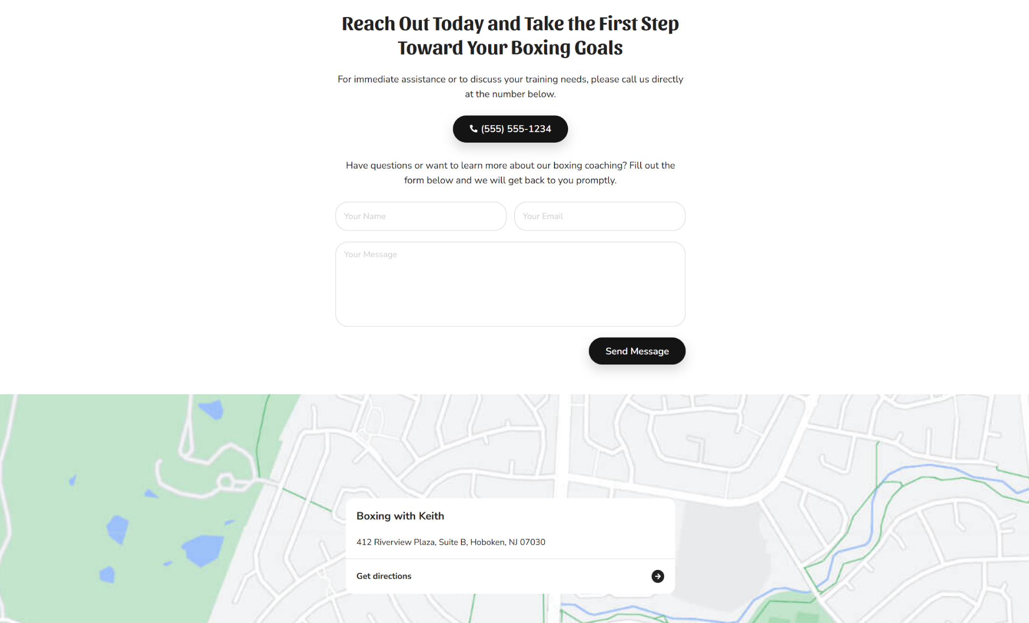 Boxing With Keith homepage hero featuring Coach Keith smiling as he guides a young boxer practicing punches beside the headline ‘Boxing Training Reimagined with Coach Keith in Hoboken, NJ’ and a call-to-action button labeled ‘Book an Intro Class.’