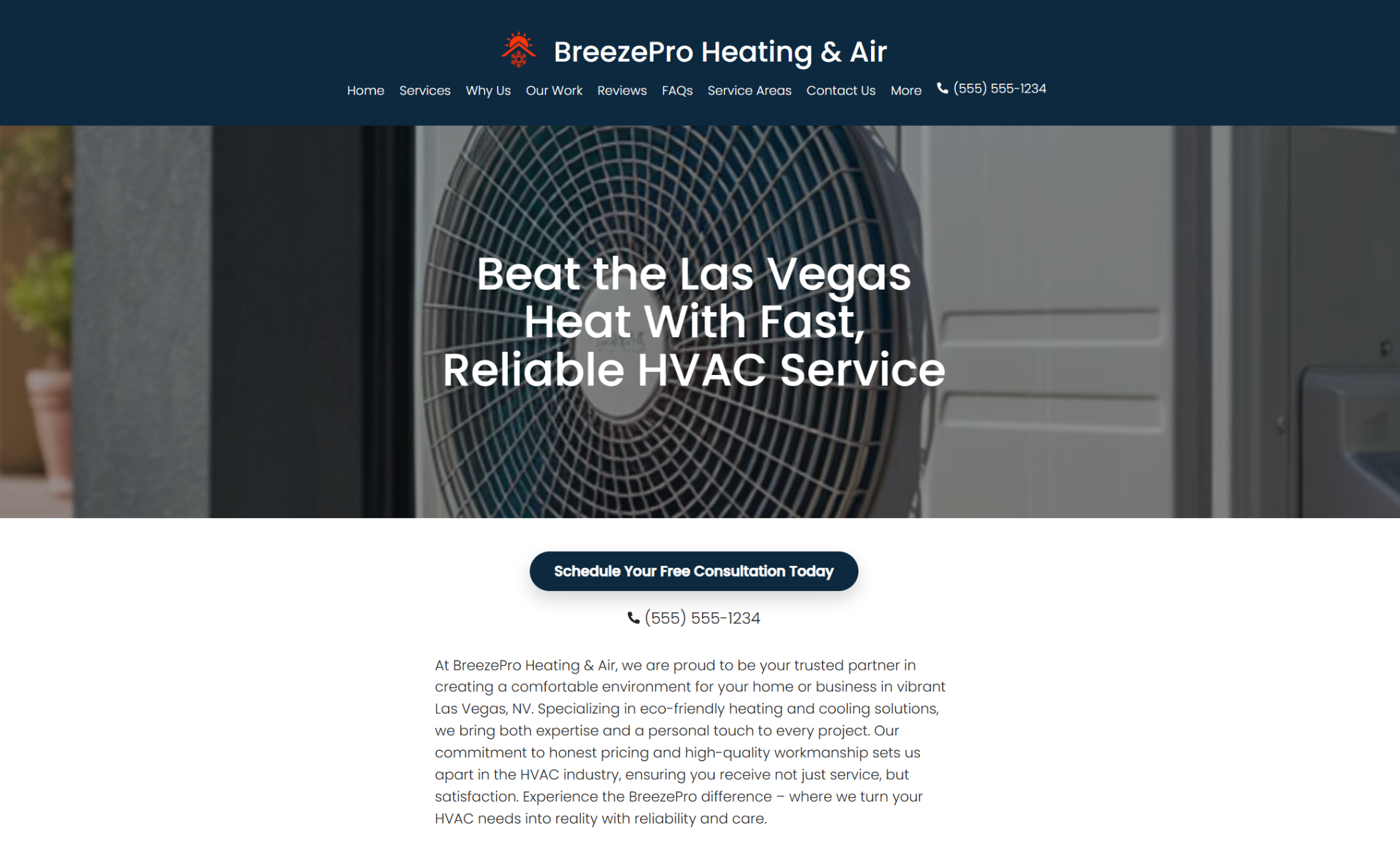 BreezePro Heating & Air homepage featuring a bold headline that reads “Beat the Las Vegas Heat With Fast, Reliable HVAC Service” above a dark blue call-to-action button that says “Schedule Your Free Consultation Today.”