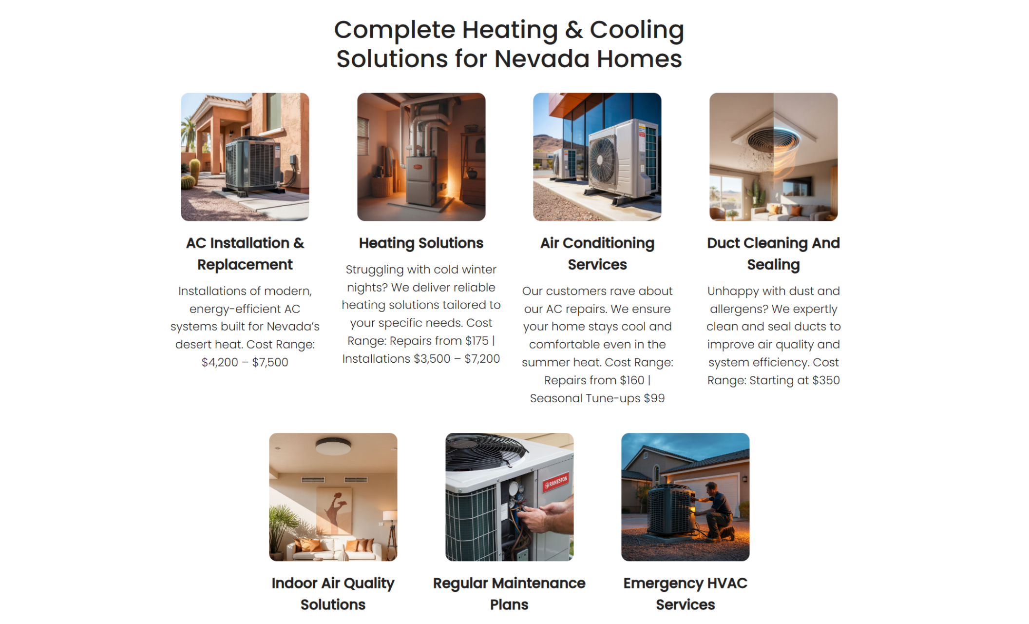 BreezePro Heating & Air service page highlighting six service boxes including “AC Installation & Replacement,” “Heating Solutions,” and “Emergency HVAC Services,” each with an image, short description, and price range