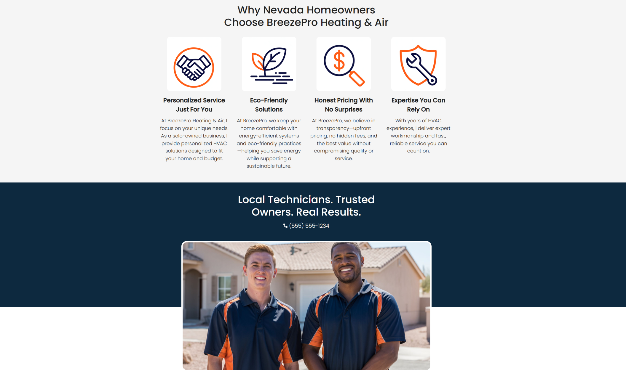 BreezePro Heating & Air “Why Choose Us” section with four illustrated icons for personalized service, eco-friendly solutions, honest pricing, and expertise, followed by a banner reading “Local Technicians. Trusted Owners. Real Results.” above a photo of two smiling technicians