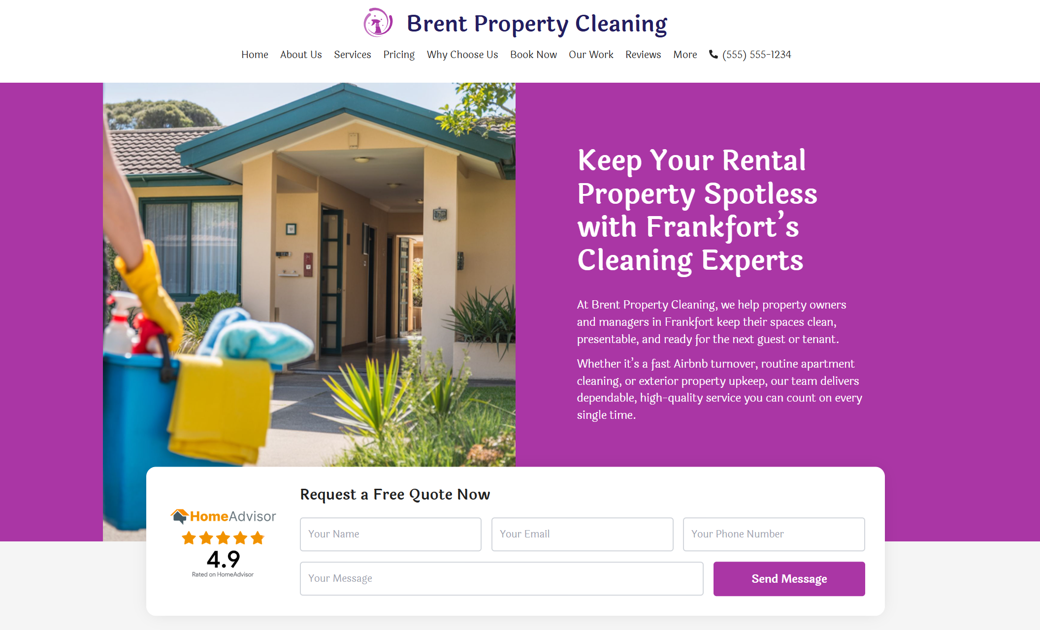 Brent Property Cleaning homepage with a residential property image, bold headline about keeping rentals spotless, and a prominent quote form with a high review rating