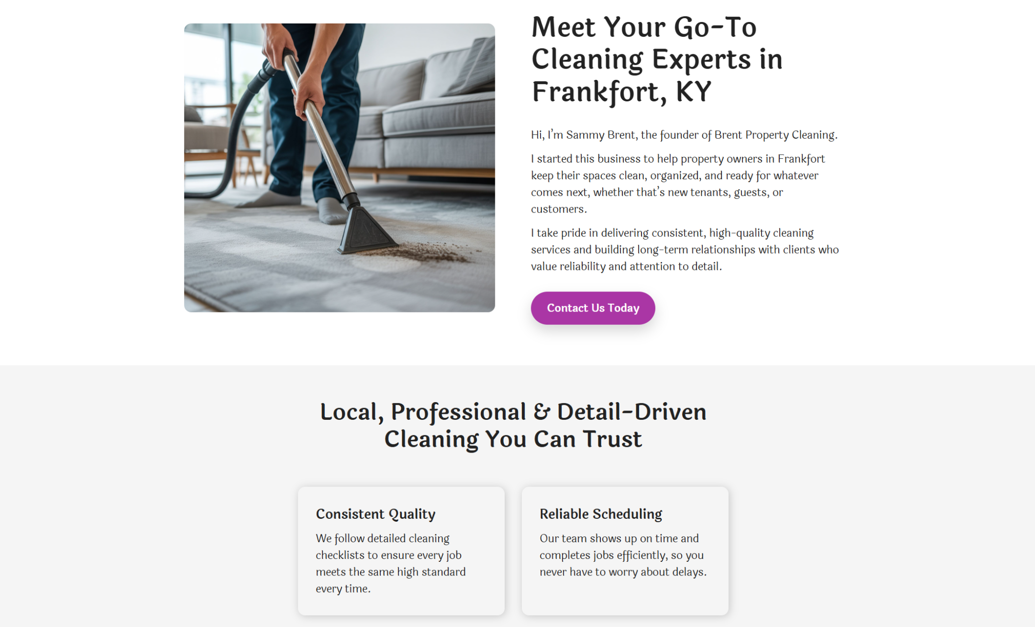 Brent Property Cleaning “About” section showing a professional vacuuming a carpet beside a personal founder introduction and a purple “Contact Us Today” button