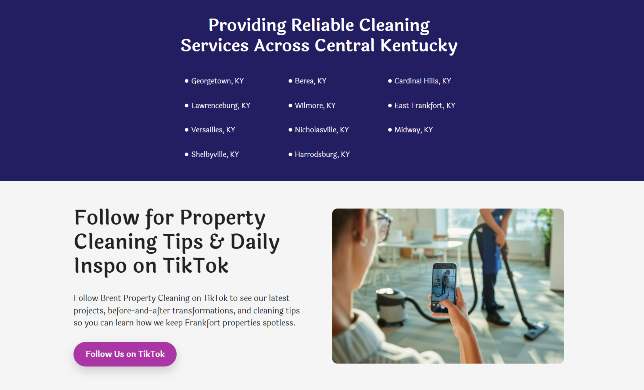 Brent Property Cleaning section promoting TikTok engagement, with a headline about cleaning tips and a photo of someone filming a vacuuming demonstration on a phone