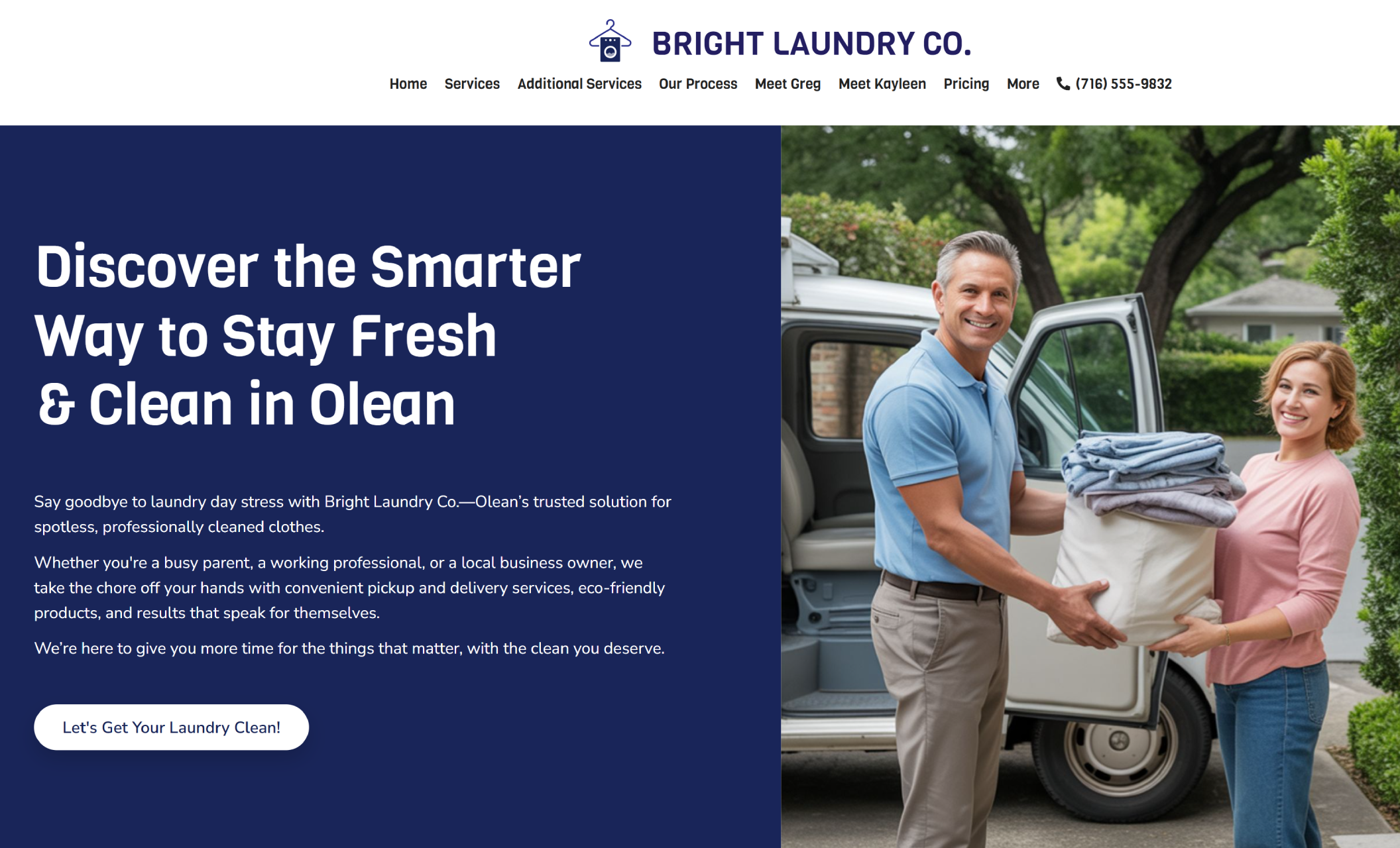 Bright Laundry Co. homepage featuring a smiling man and woman exchanging a basket of folded laundry beside the headline “Discover the Smarter Way to Stay Fresh & Clean in Olean” with a button that says “Let’s Get Your Laundry Clean!”