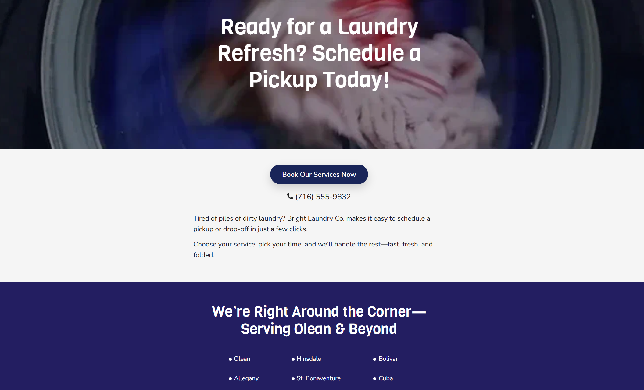 Bright Laundry Co. service area section with a spinning laundry drum background, bold headline “Ready for a Laundry Refresh? Schedule a Pickup Today!” and a button labeled “Book Our Services Now” above a list of towns served
