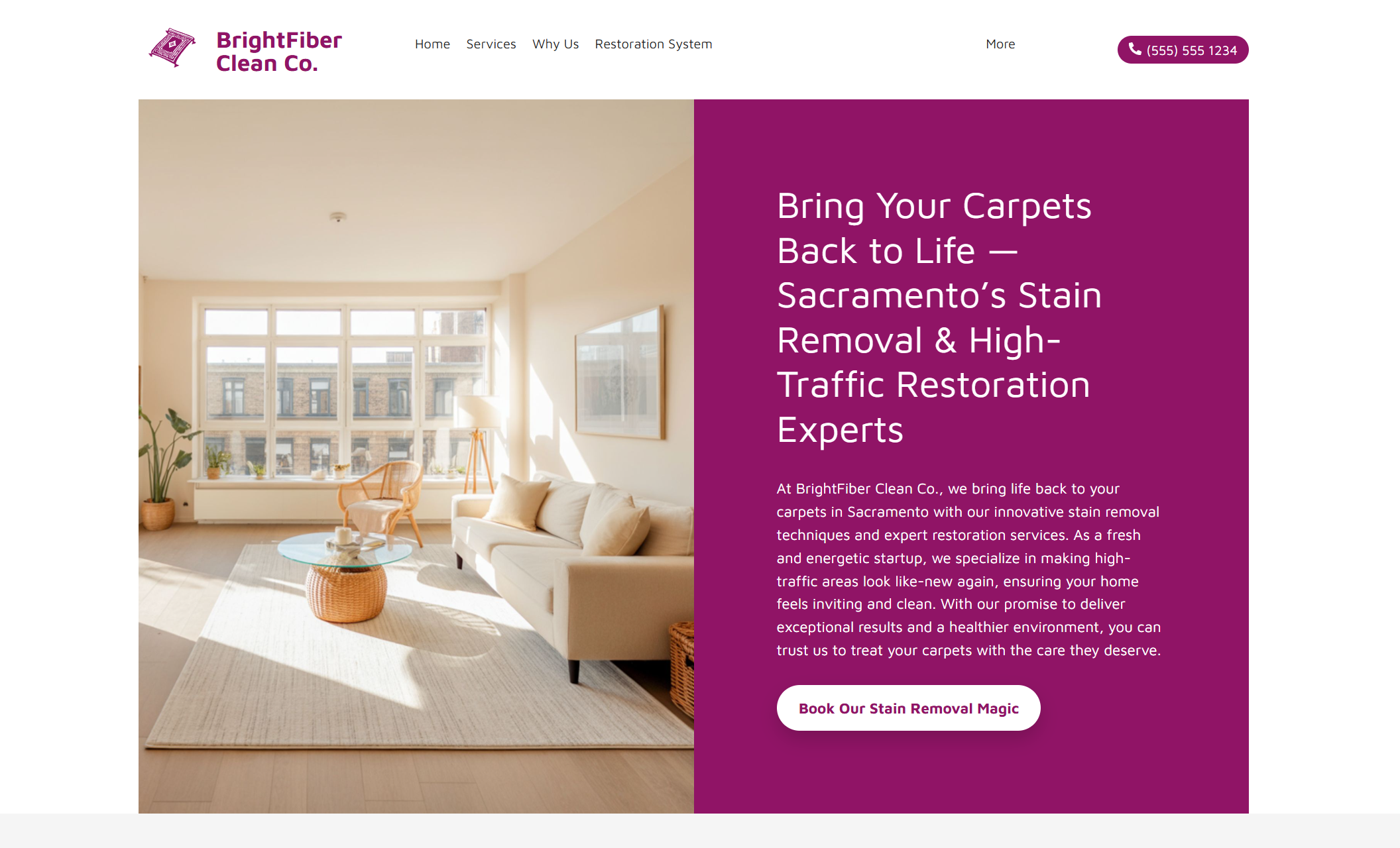 BrightFiber Clean Co. homepage hero featuring a sunlit modern living room beside the headline “Bring Your Carpets Back to Life — Sacramento’s Stain Removal & High-Traffic Restoration Experts” and a button reading “Book Our Stain Removal Magic.”