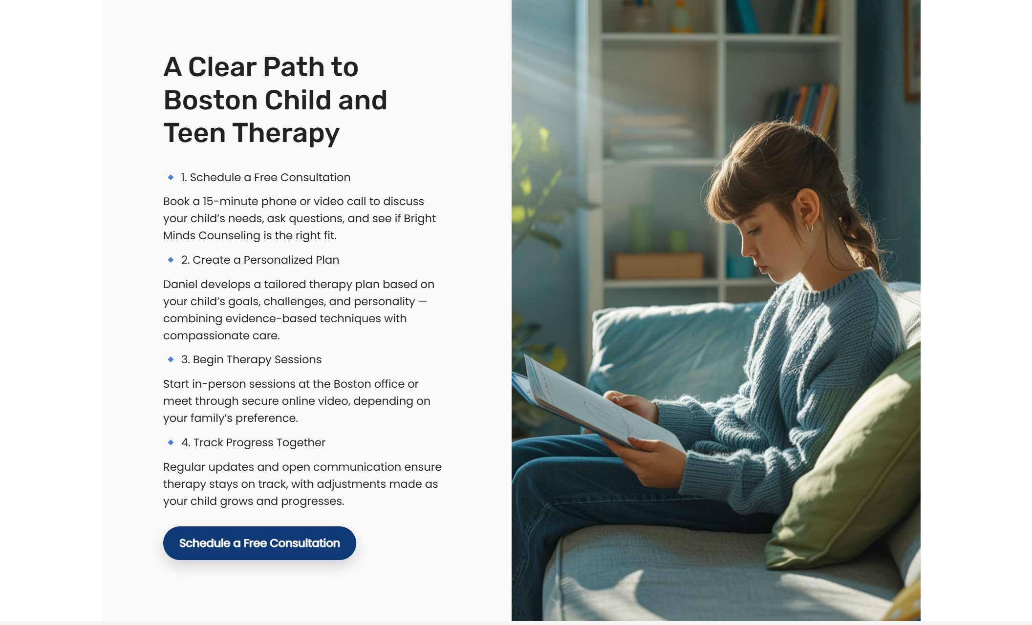 “A Clear Path to Boston Child and Teen Therapy” section showing a young girl with brown hair in a ponytail, wearing a light blue sweater, sitting on a couch reading a book, next to four outlined steps for scheduling, planning, and starting therapy