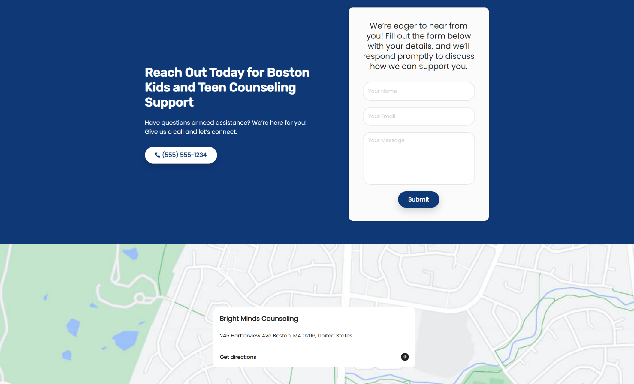 Bright Minds Counseling contact page with a blue background, white call button showing (555) 555-1234, a white contact form inviting visitors to submit their details, and a partial map showing the office location at 245 Harborview Ave, Boston, MA