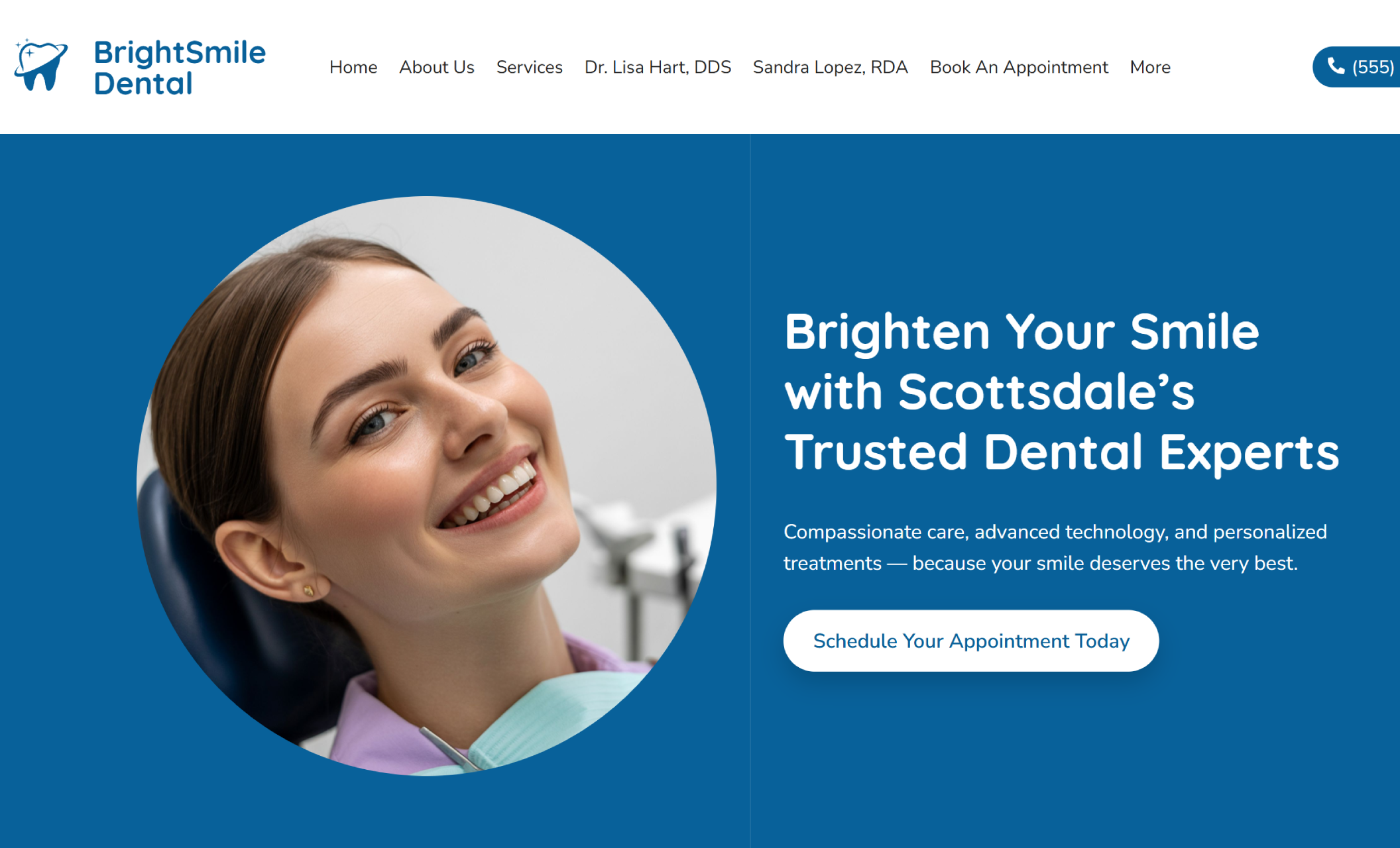 BrightSmile Dental homepage featuring a smiling woman in a dental chair beside the headline “Brighten Your Smile with Scottsdale’s Trusted Dental Experts” and a white button that says “Schedule Your Appointment Today.”