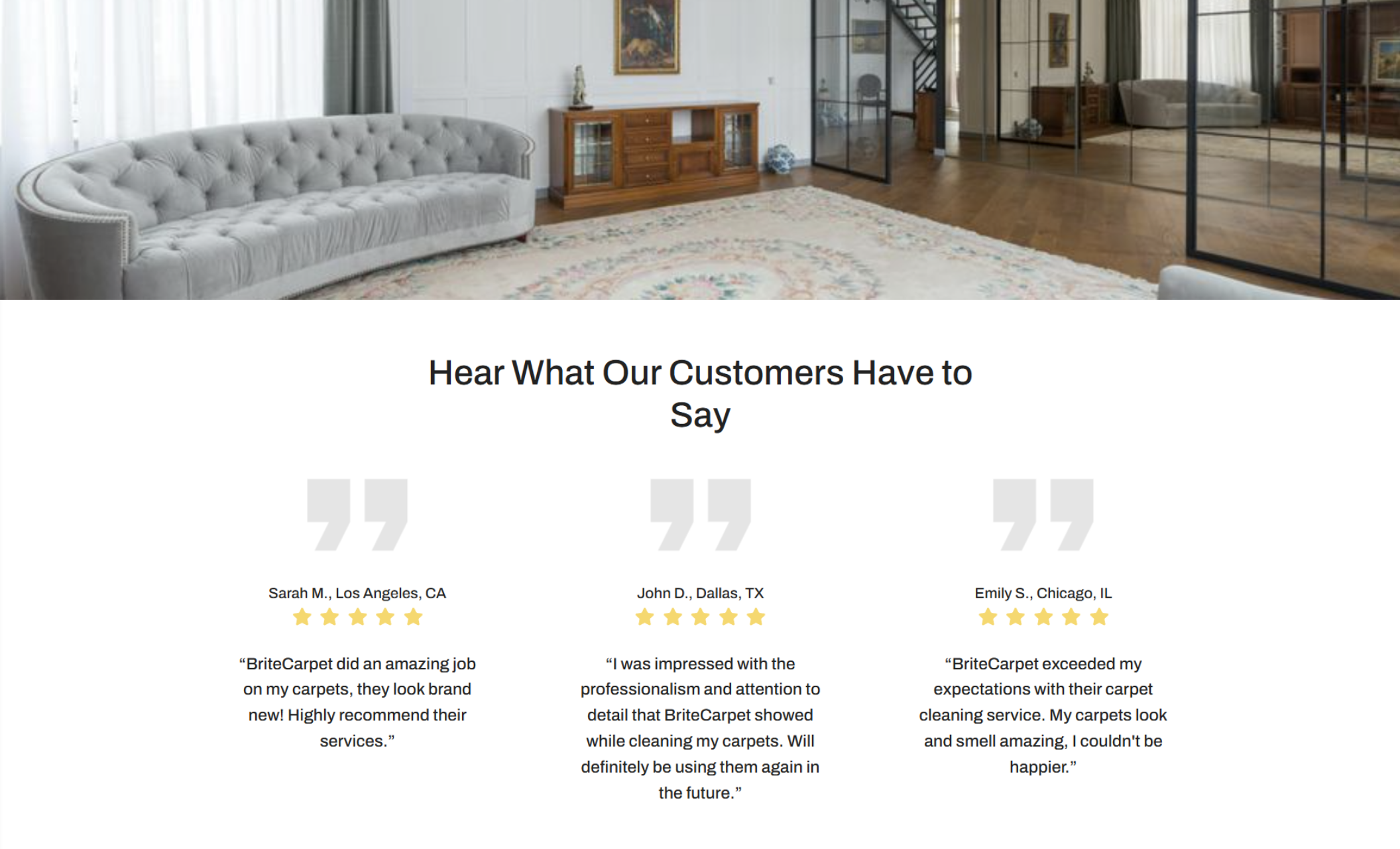 Testimonials section showing three 5-star reviews from clients beneath an image of an elegant living room with tufted gray sofas and a floral area rug