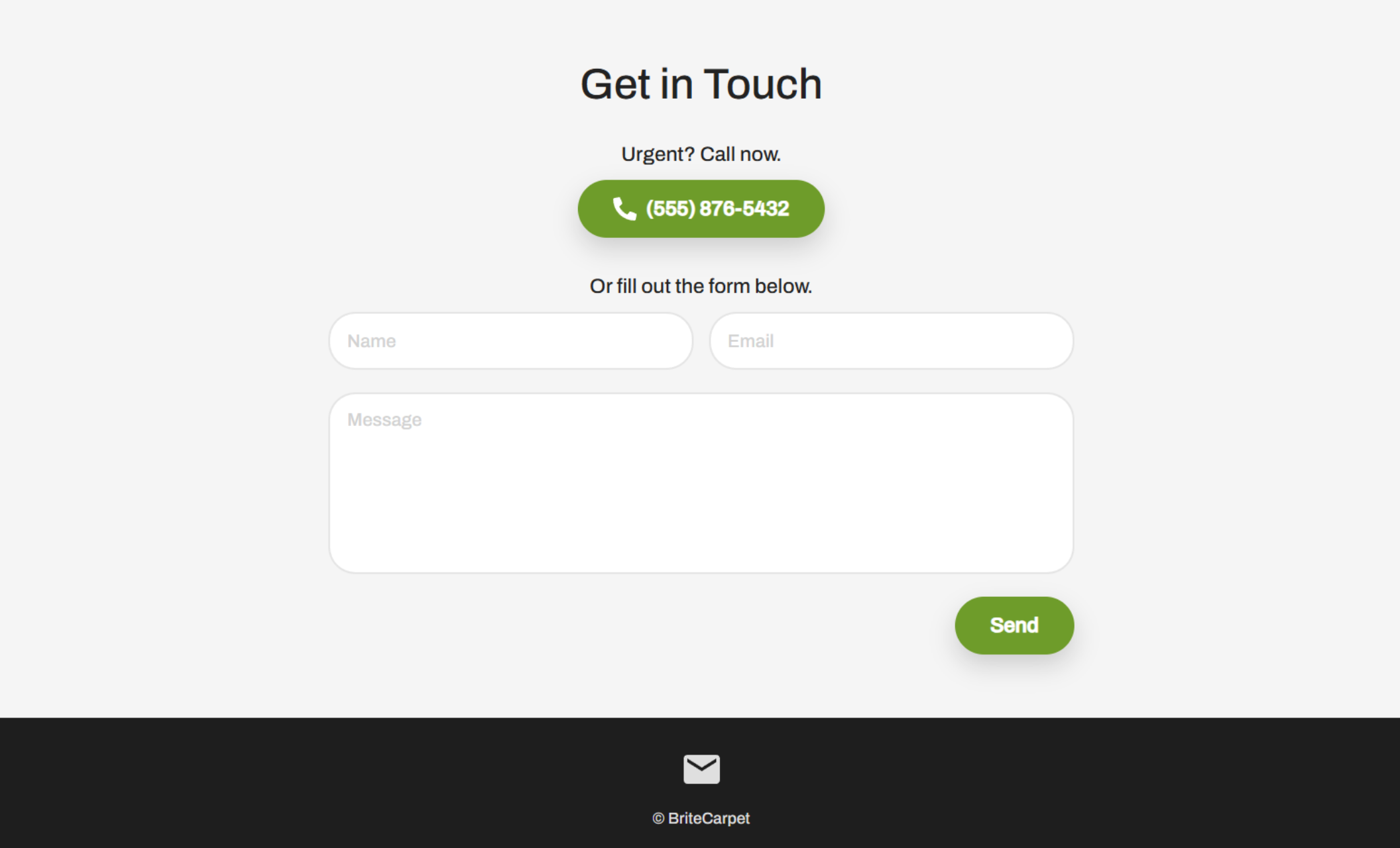 BriteCarpet's contact form with a "Get in Touch" heading, featuring input fields for name, email, and message, along with a prominent phone number for urgent calls