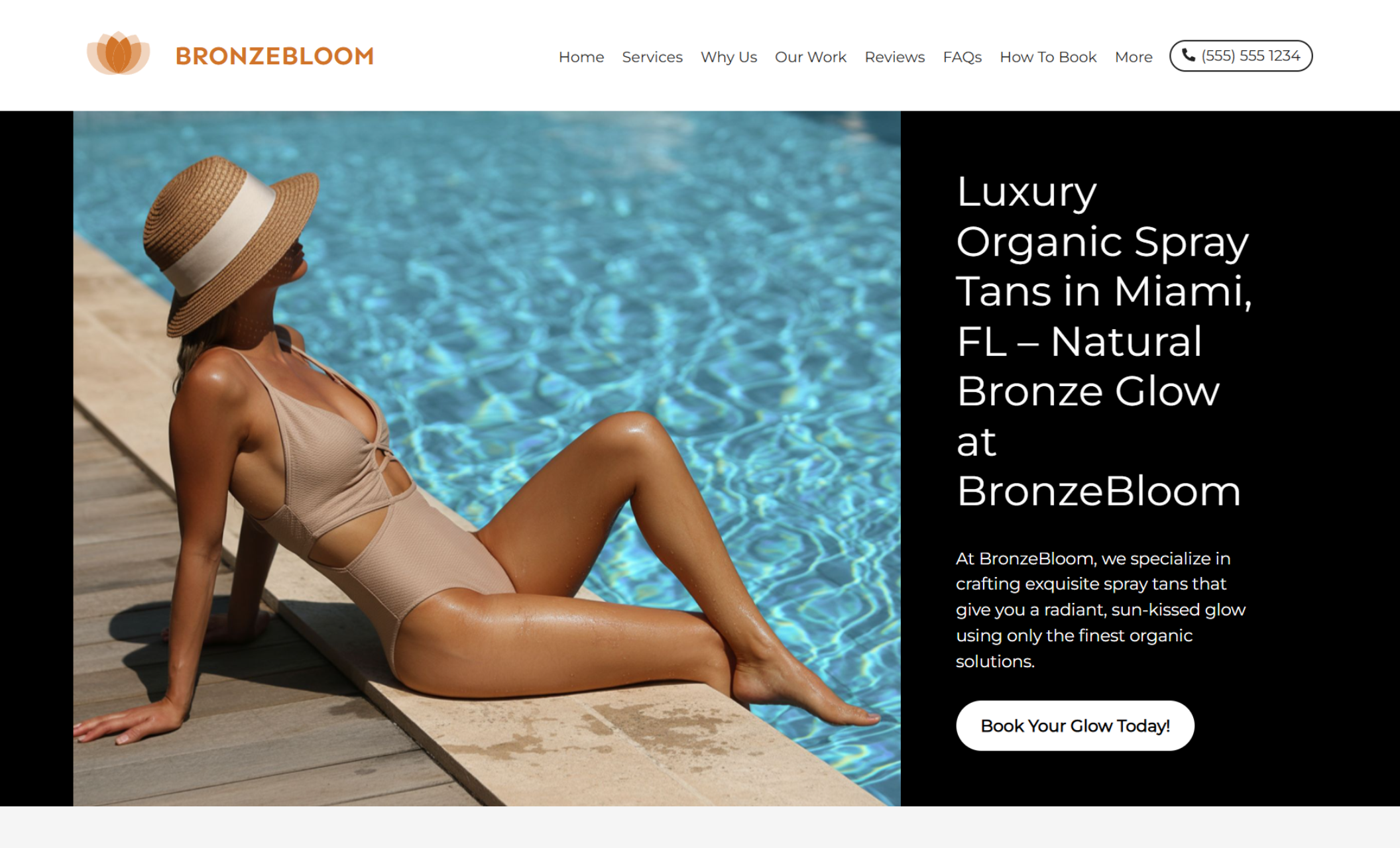 BronzeBloom homepage hero featuring a bronzed model relaxing poolside beside the headline “Luxury Organic Spray Tans in Miami, FL – Natural Bronze Glow at BronzeBloom” and a “Book Your Glow Today!” call-to-action button