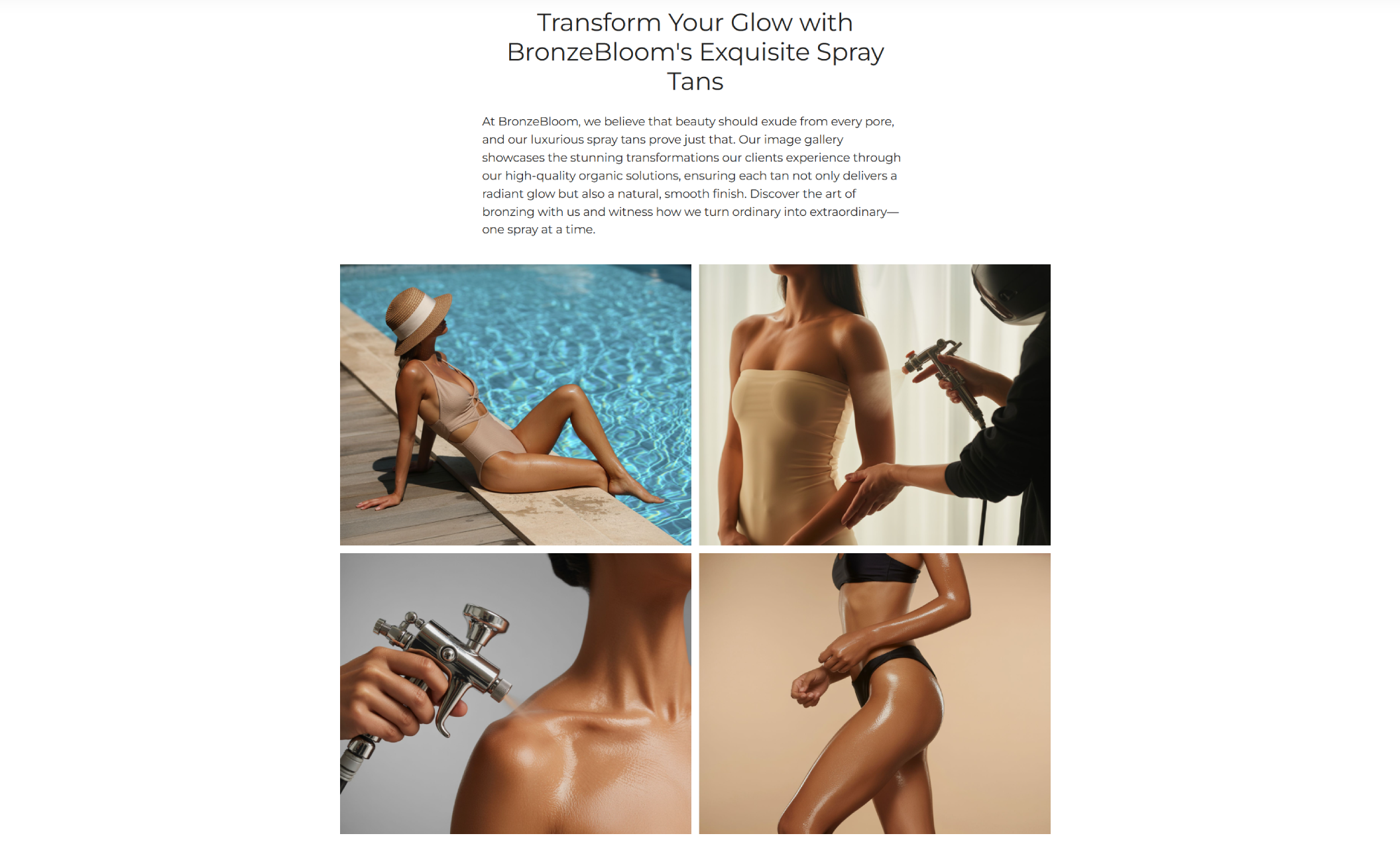 BronzeBloom gallery section titled “Transform Your Glow with BronzeBloom’s Exquisite Spray Tans,” showcasing four images of sun-kissed models and close-up spray tan application results