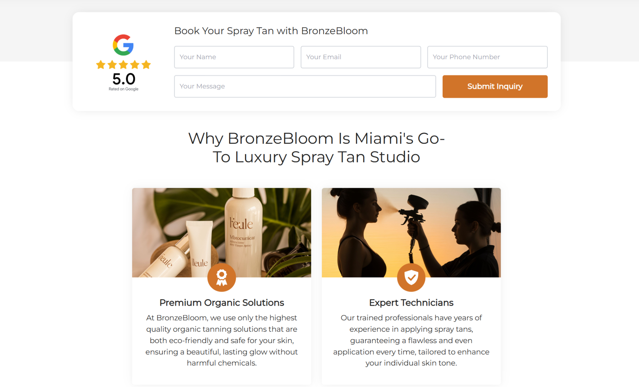 BronzeBloom contact and booking section featuring a Google 5.0 rating, a spray tan inquiry form with fields for name, email, phone, and message, and a “Submit Inquiry” button