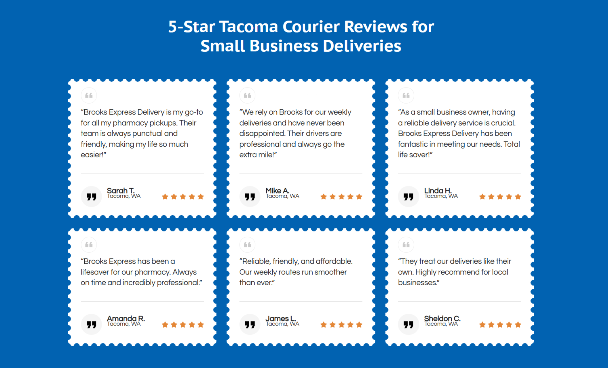 Brooks Express Delivery reviews section showing six five-star customer testimonials on a blue background beneath the headline “5-Star Tacoma Courier Reviews for Small Business Deliveries.”