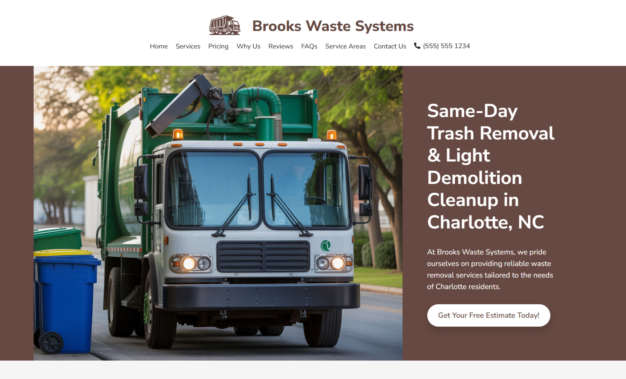 Brooks Waste Systems homepage featuring a green garbage truck beside the headline “Same-Day Trash Removal & Light Demolition Cleanup in Charlotte, NC” and a white “Get Your Free Estimate Today!” button