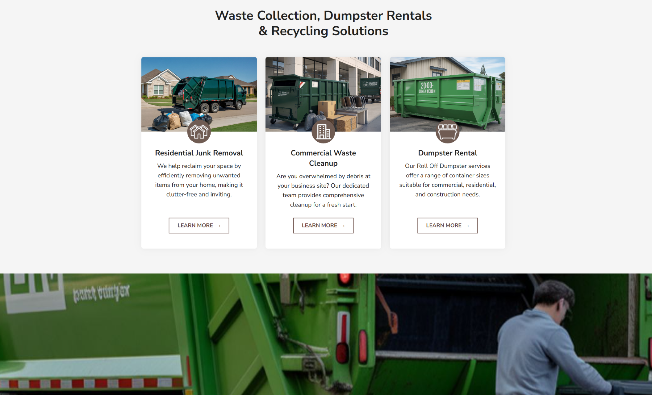 Brooks Waste Systems website section titled “Waste Collection, Dumpster Rentals & Recycling Solutions,” displaying service cards for Residential Junk Removal, Commercial Waste Cleanup, and Dumpster Rental with green waste trucks and dumpsters