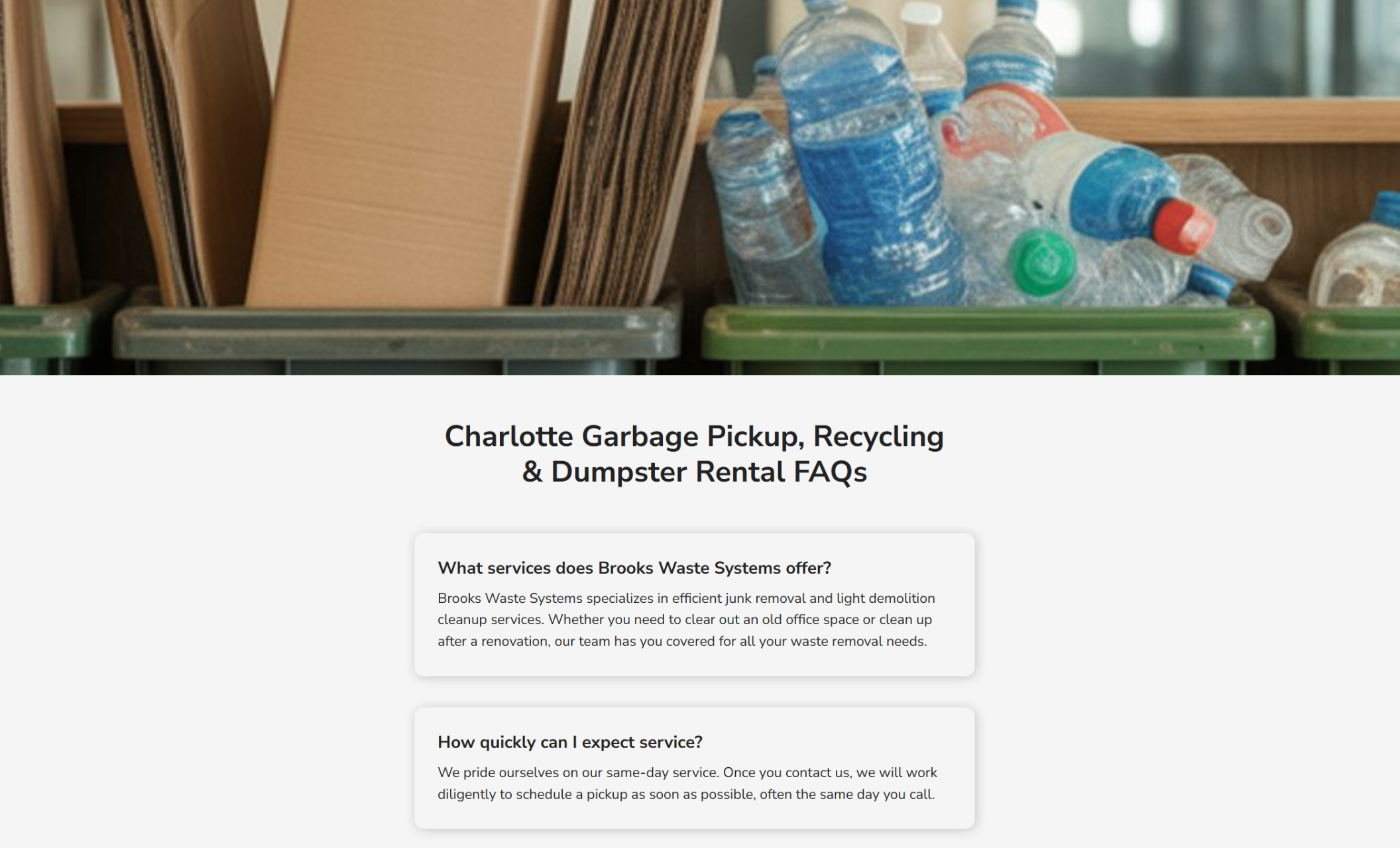 Brooks Waste Systems website section titled “Charlotte Garbage Pickup, Recycling & Dumpster Rental FAQs,” featuring recycling bins filled with cardboard and plastic bottles above frequently asked questions about services and same-day pickup