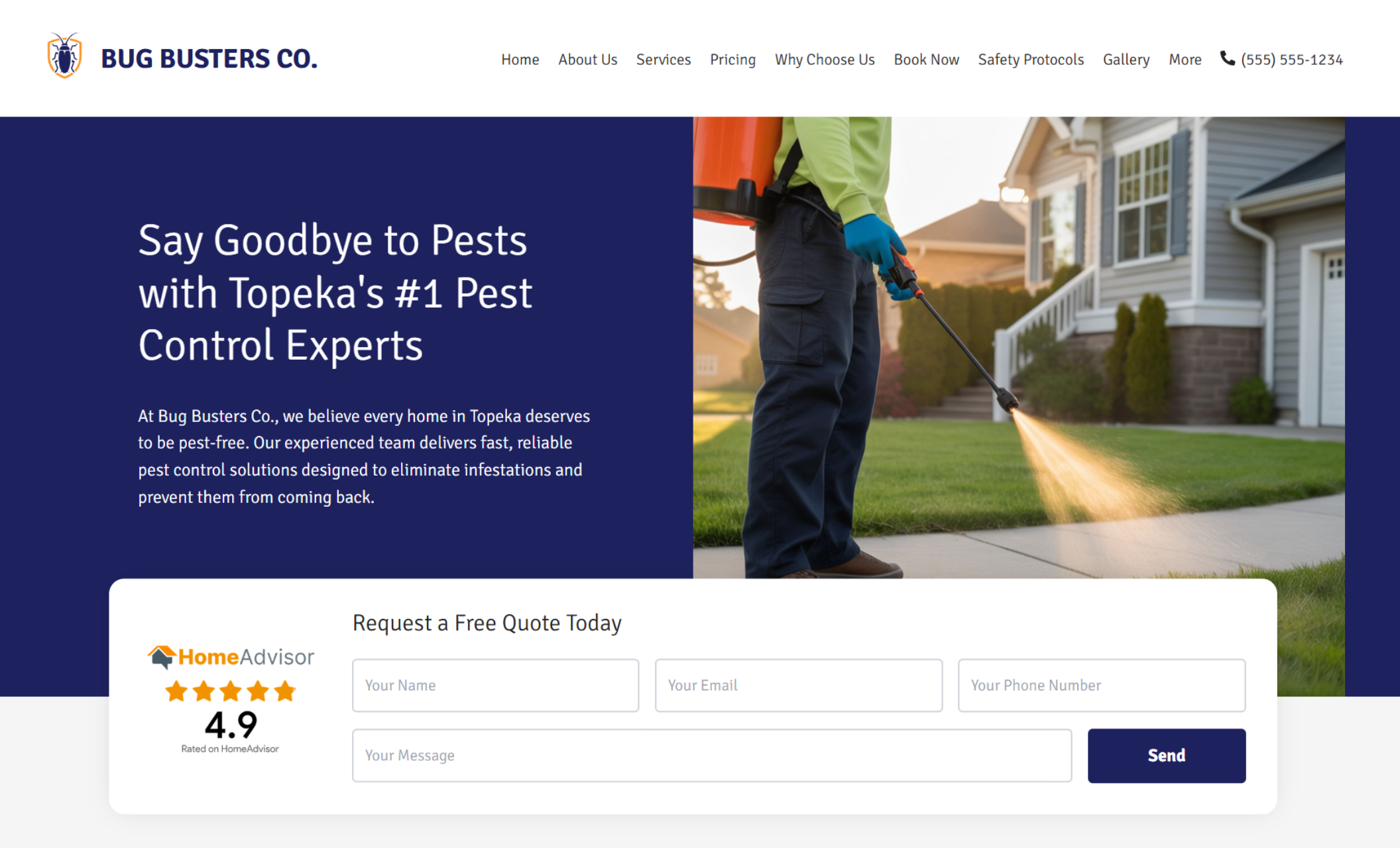 Bug Busters Co. homepage hero featuring a technician spraying a residential lawn beside the headline “Say Goodbye to Pests with Topeka’s #1 Pest Control Experts” and a quote request form