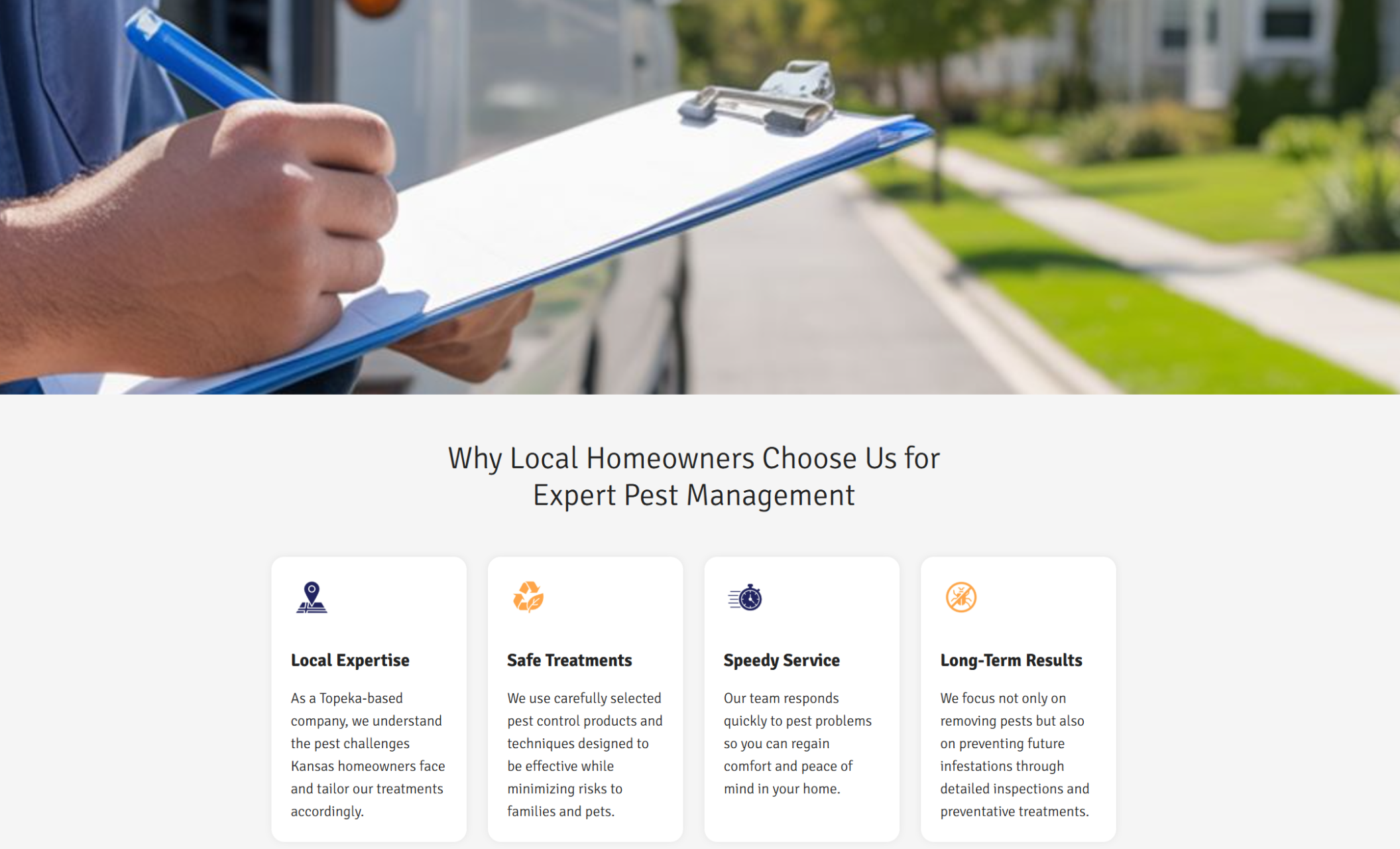 Bug Busters Co. features section titled “Why Local Homeowners Choose Us for Expert Pest Management,” displaying icons for Local Expertise, Safe Treatments, Speedy Service, and Long-Term Results