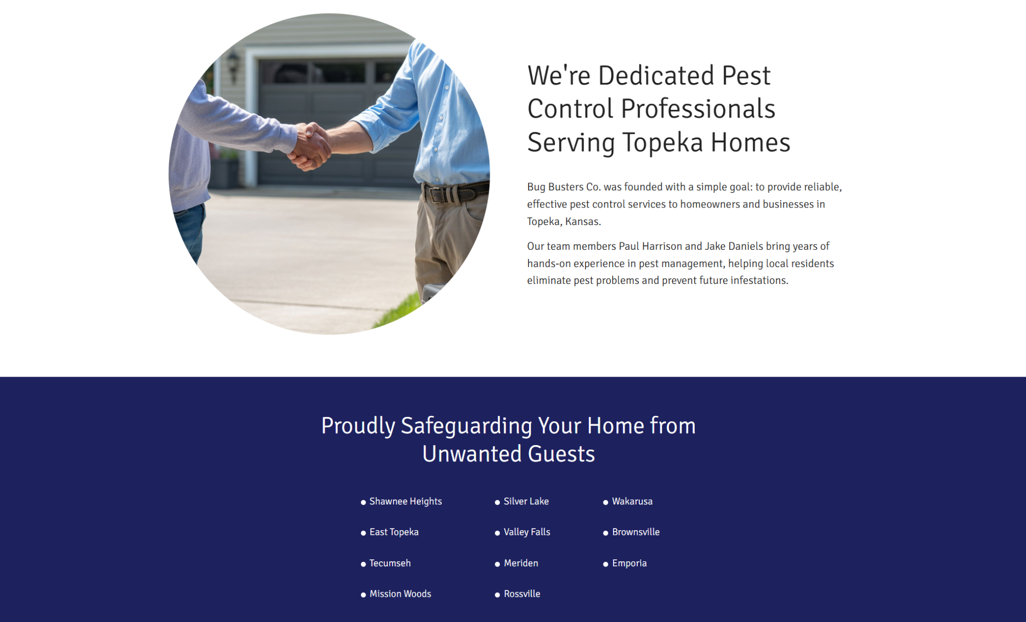 Bug Busters Co. about section showing a handshake photo beside the headline “We’re Dedicated Pest Control Professionals Serving Topeka Homes” with text introducing the team and service areas