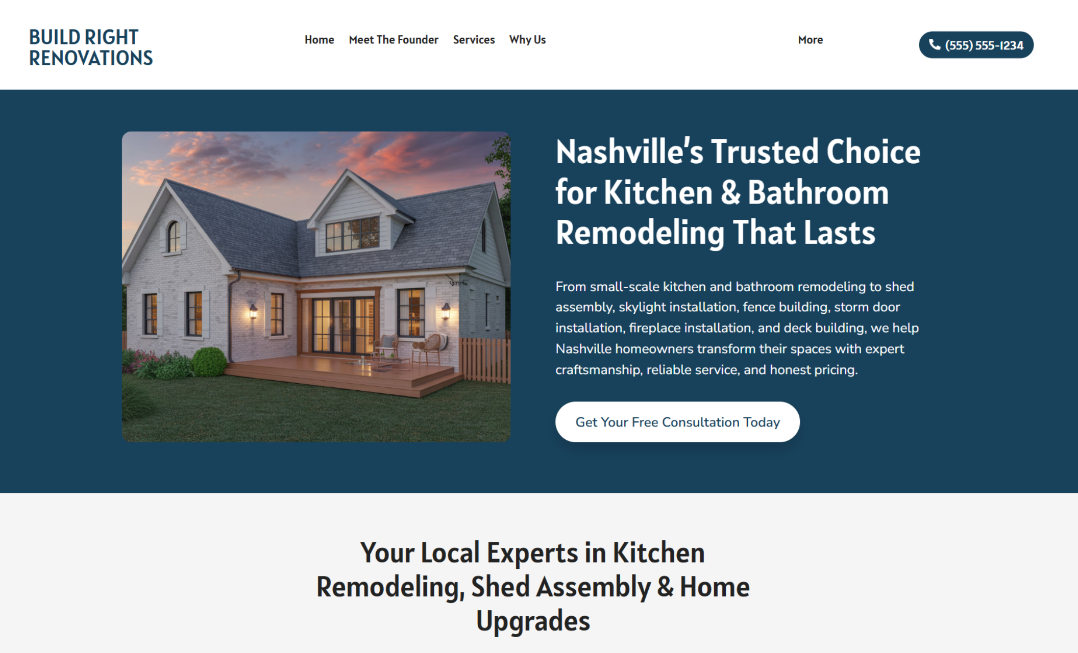 Build Right Renovations homepage with a twilight photo of a house and deck beside the headline “Nashville’s Trusted Choice for Kitchen & Bathroom Remodeling That Lasts” and a white button that says “Get Your Free Consultation Today.”