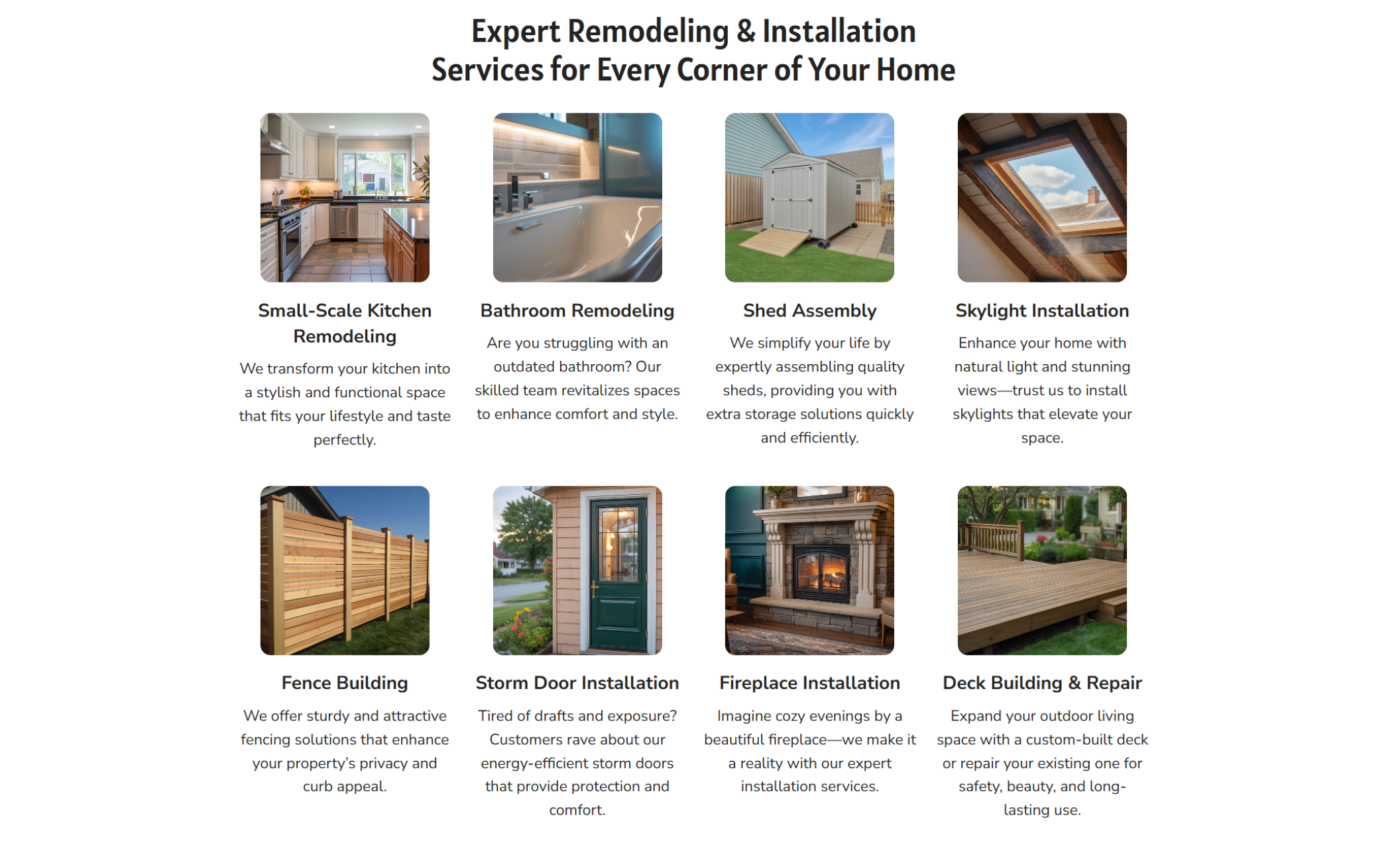 Build Right Renovations services section showing eight remodeling options including kitchen and bathroom remodeling, shed assembly, skylight installation, fence building, storm door installation, fireplace installation, and deck repair, each with an image and short description